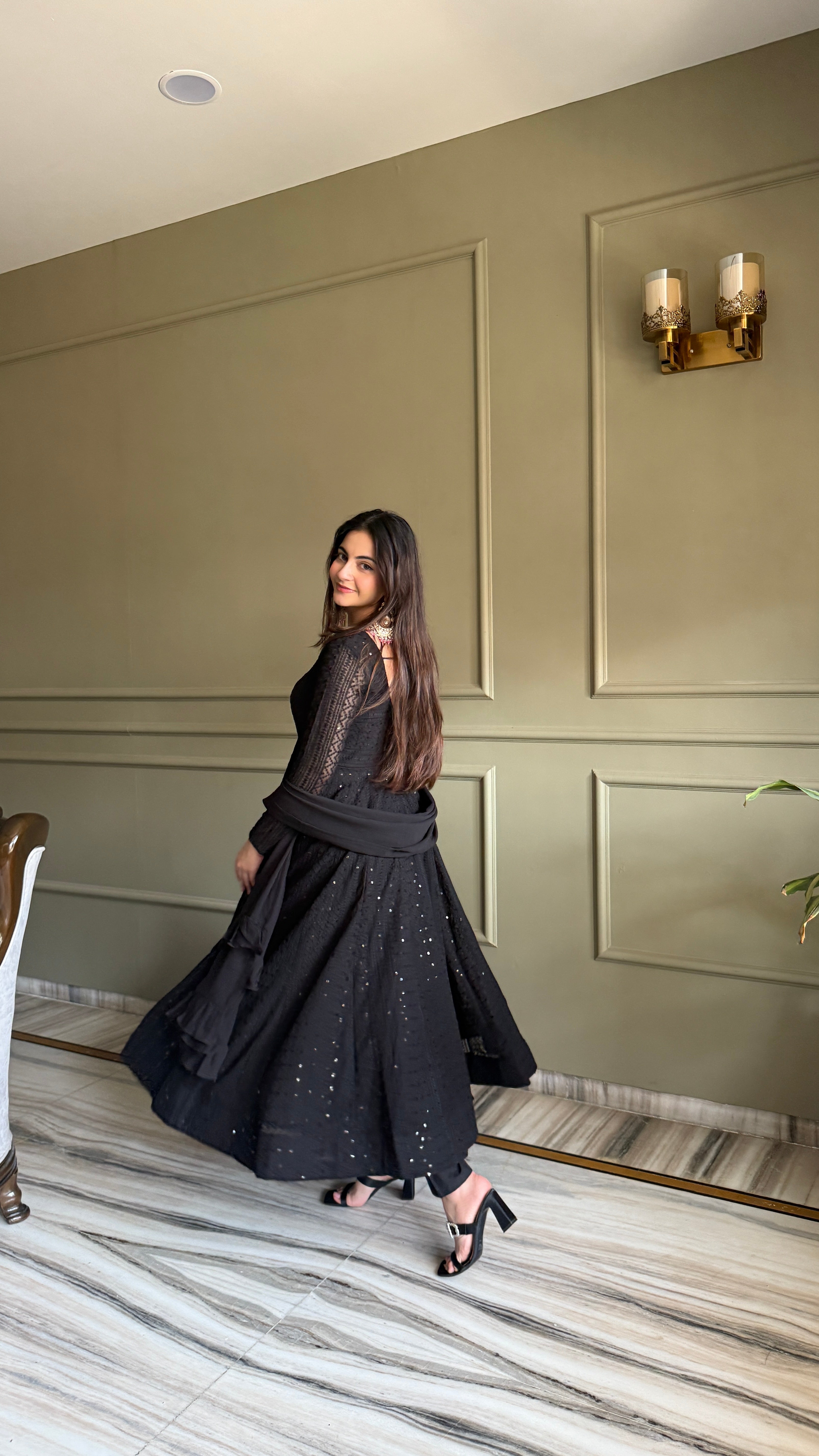 Lucknowi Georgette Anarkali Suit Set with Sequence Thread Work and Ruffle Dupatta