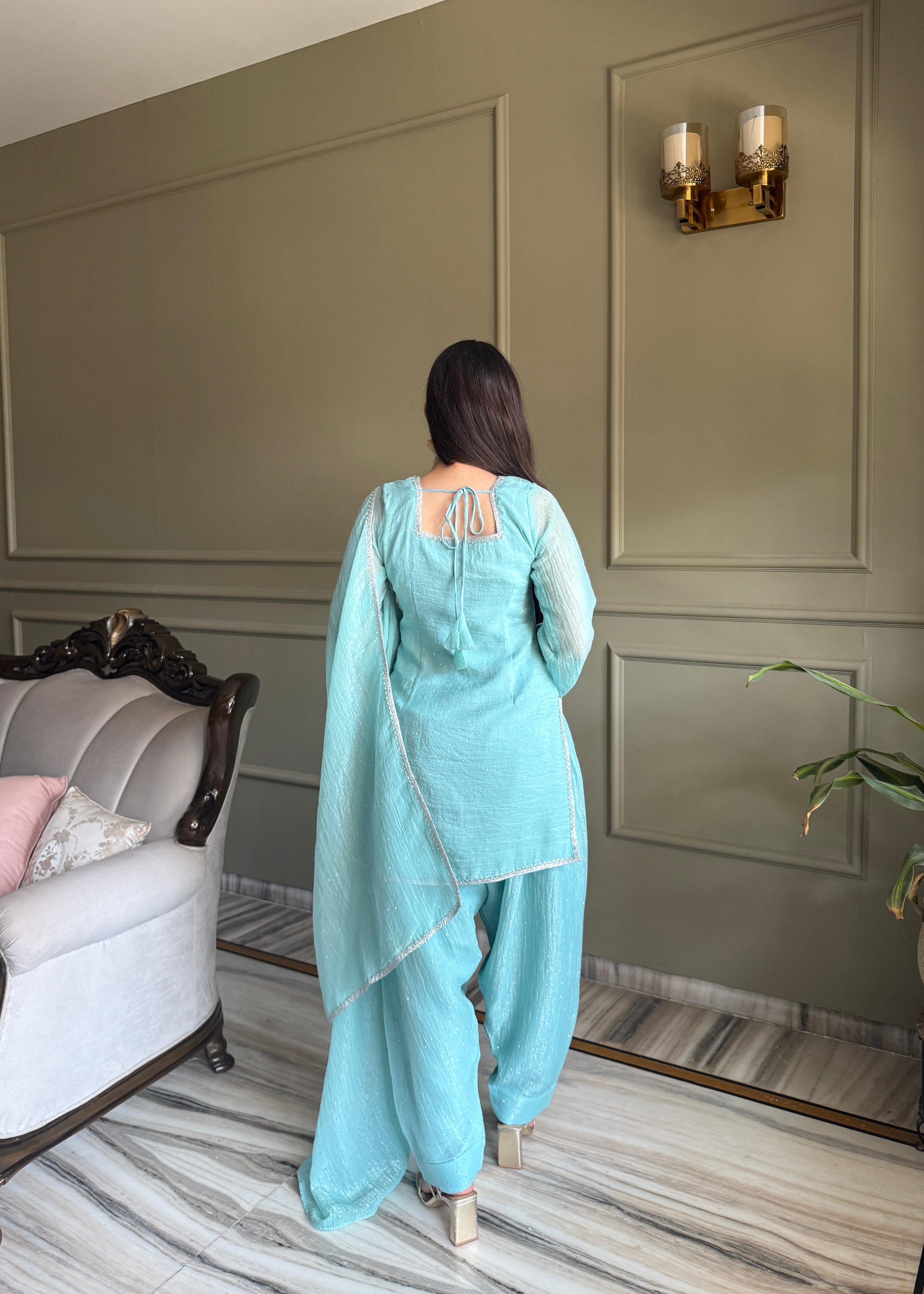 Women's Crunchy Silk Farshi Salwar Suit Set with Swarovski Work and Dupatta