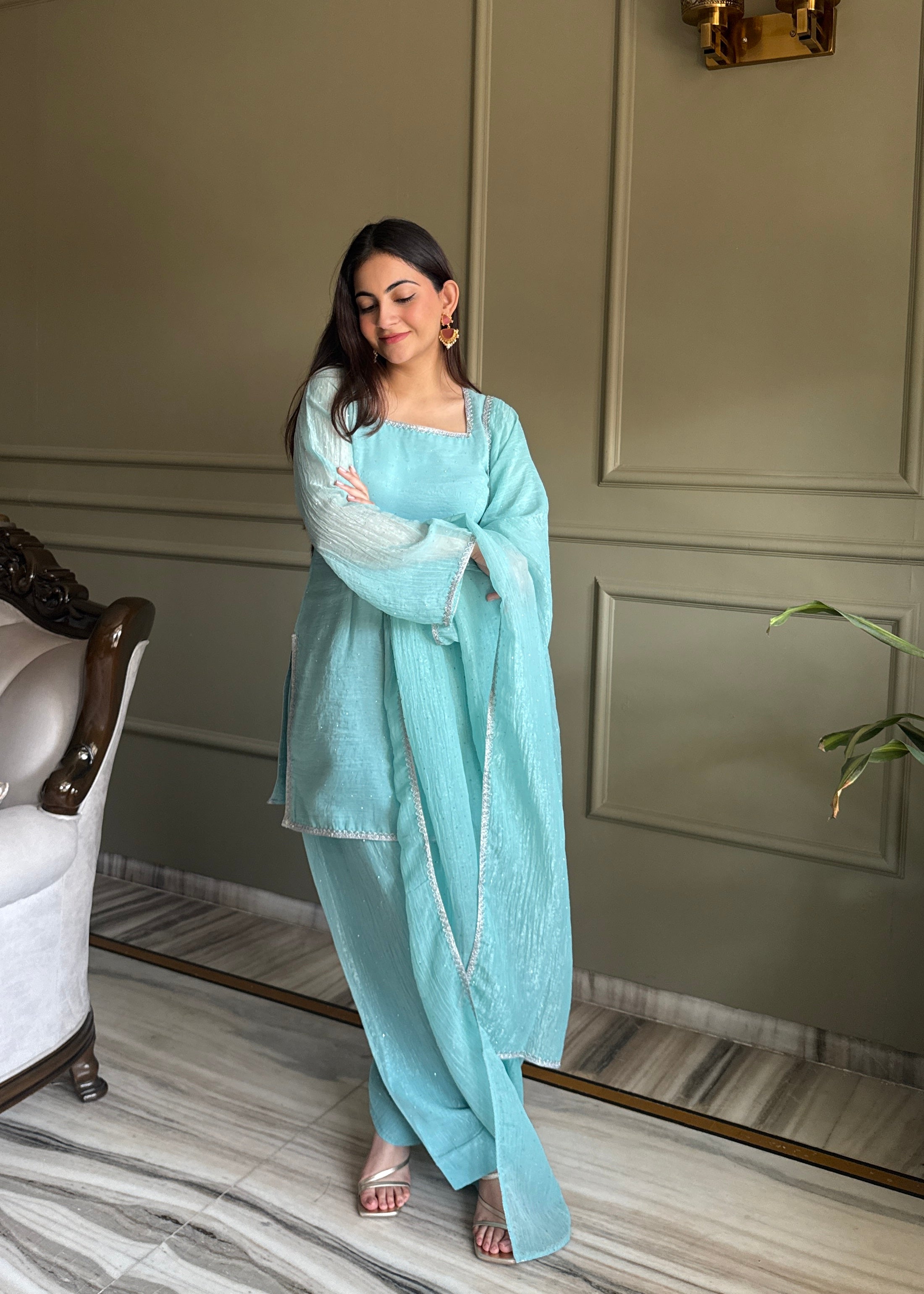 Women's Crunchy Silk Farshi Salwar Kurta Dupatta Set with Swarovski Work
