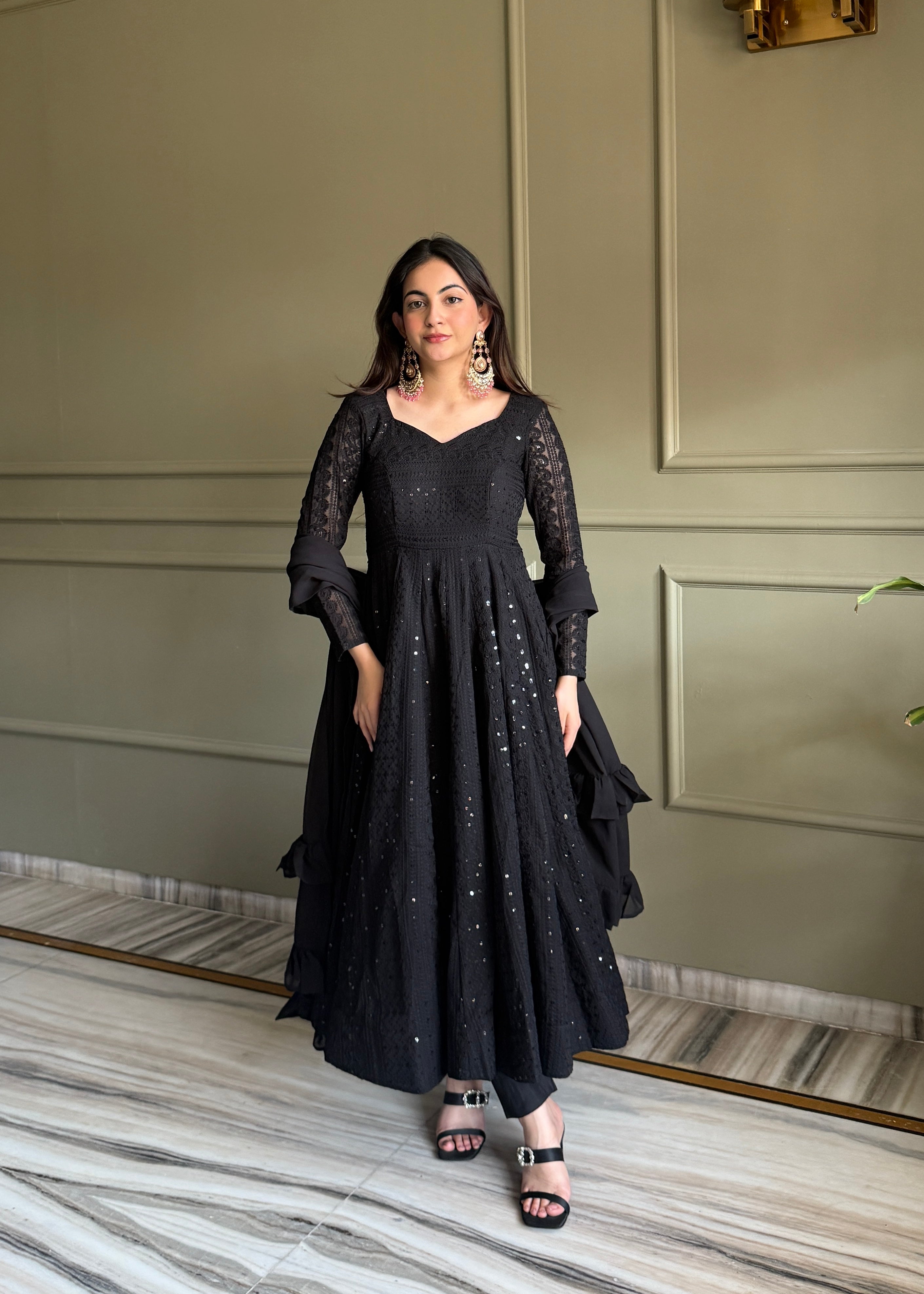 Lucknowi Georgette Anarkali Suit Set with Sequence Thread Work and Ruffle Dupatta