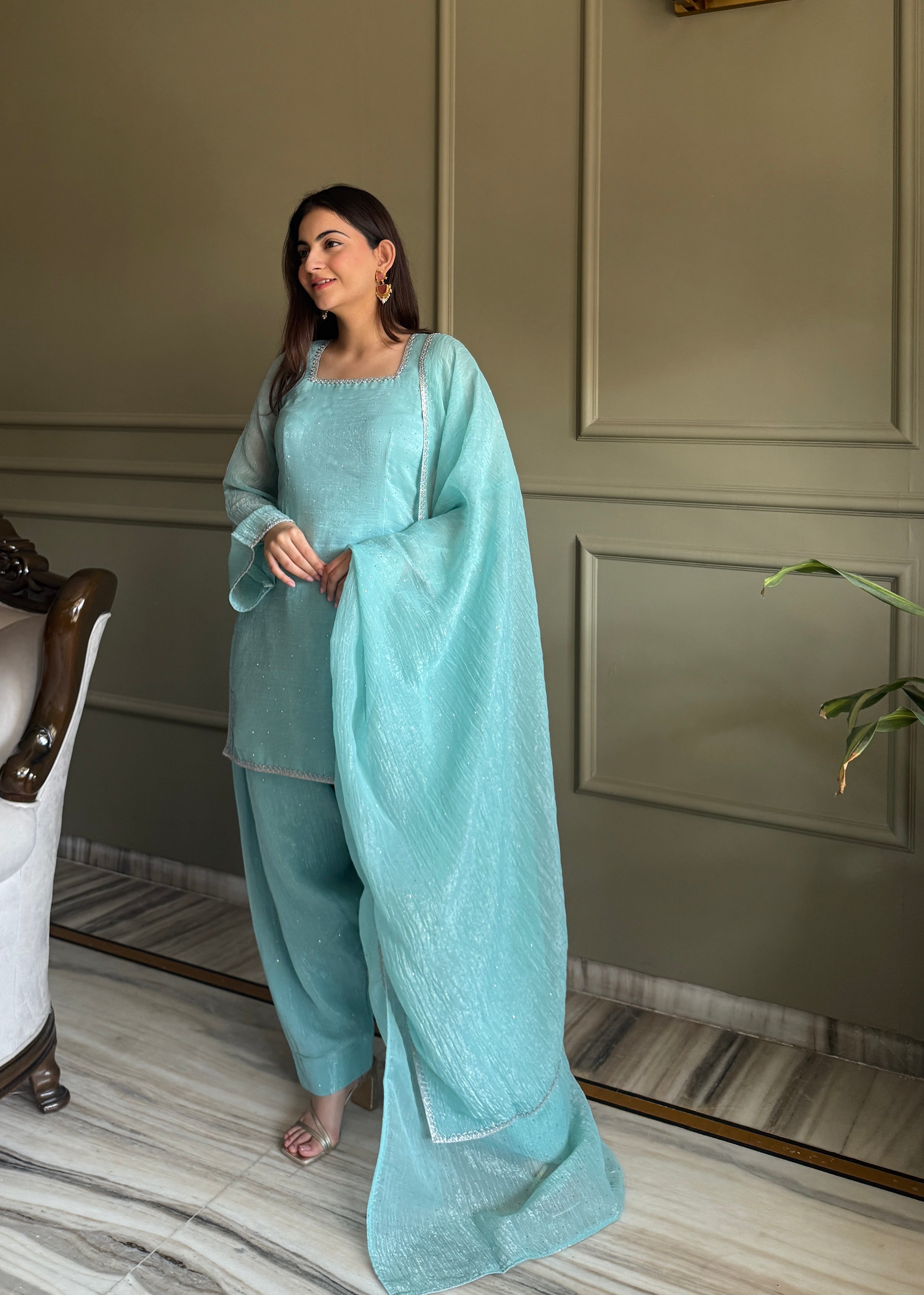 Women's Crunchy Silk Farshi Salwar Suit Set with Swarovski Work and Dupatta