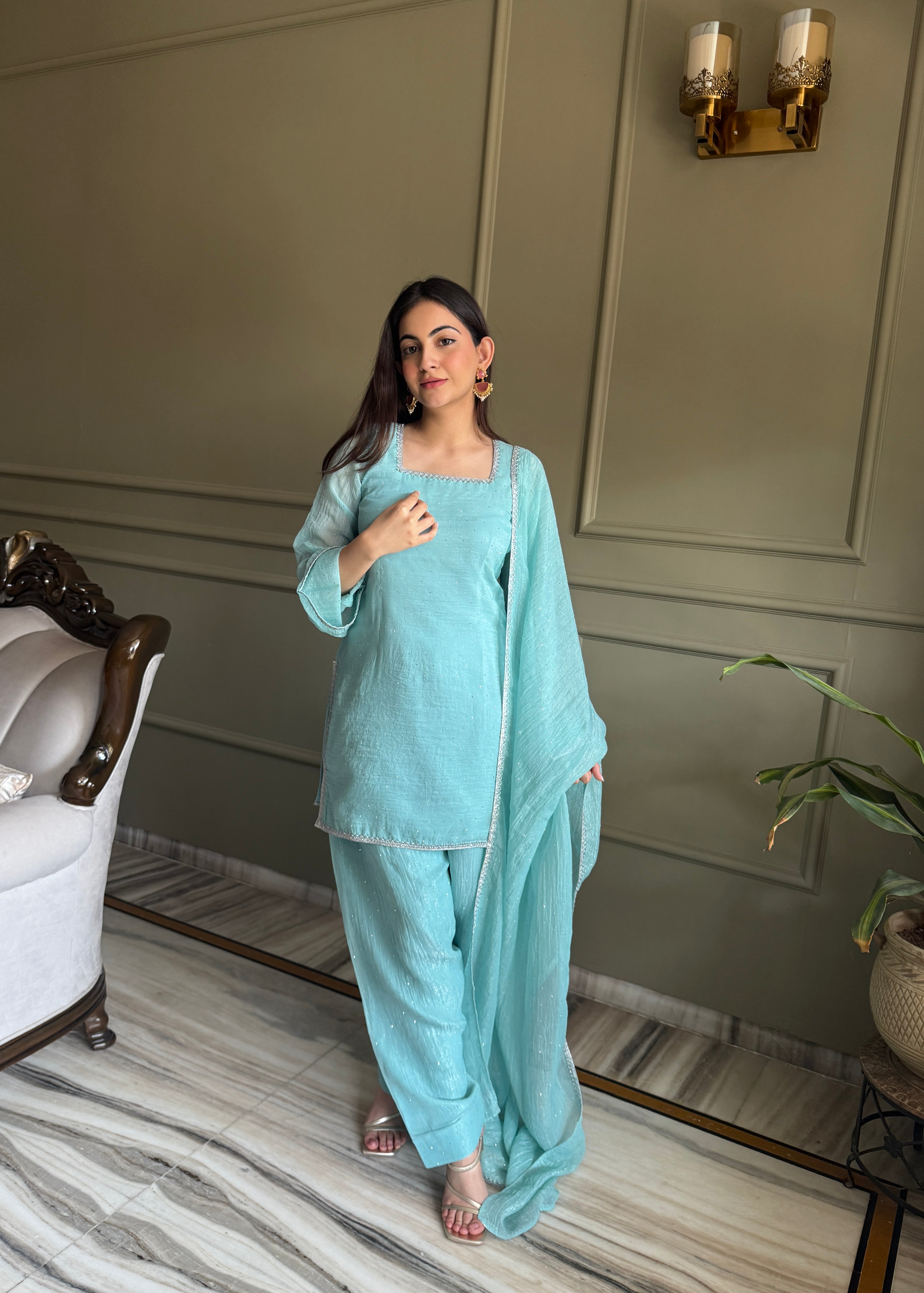 Women's Crunchy Silk Farshi Salwar Suit Set with Swarovski Work and Dupatta