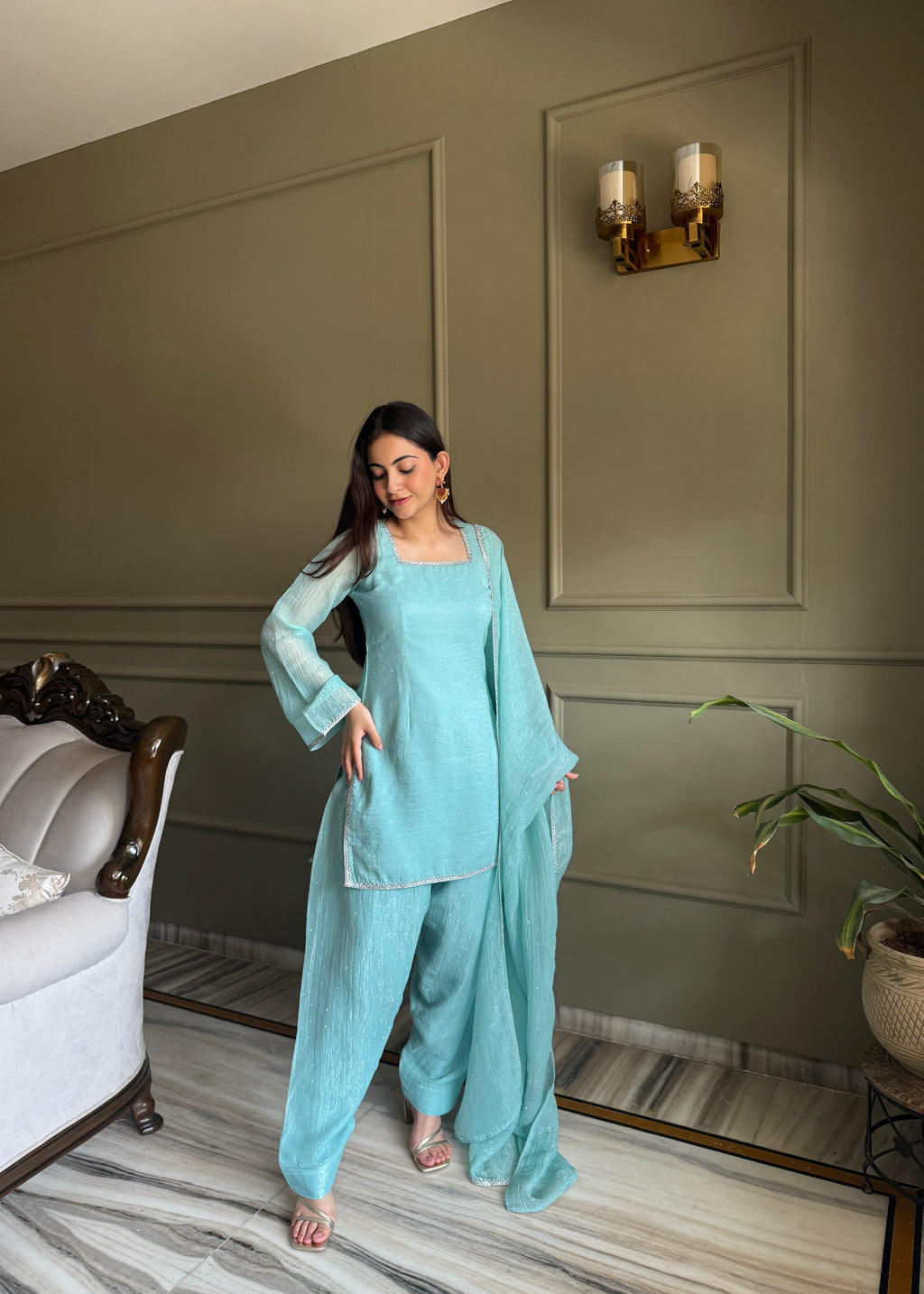 Women's Crunchy Silk Farshi Salwar Suit Set with Swarovski Work and Dupatta