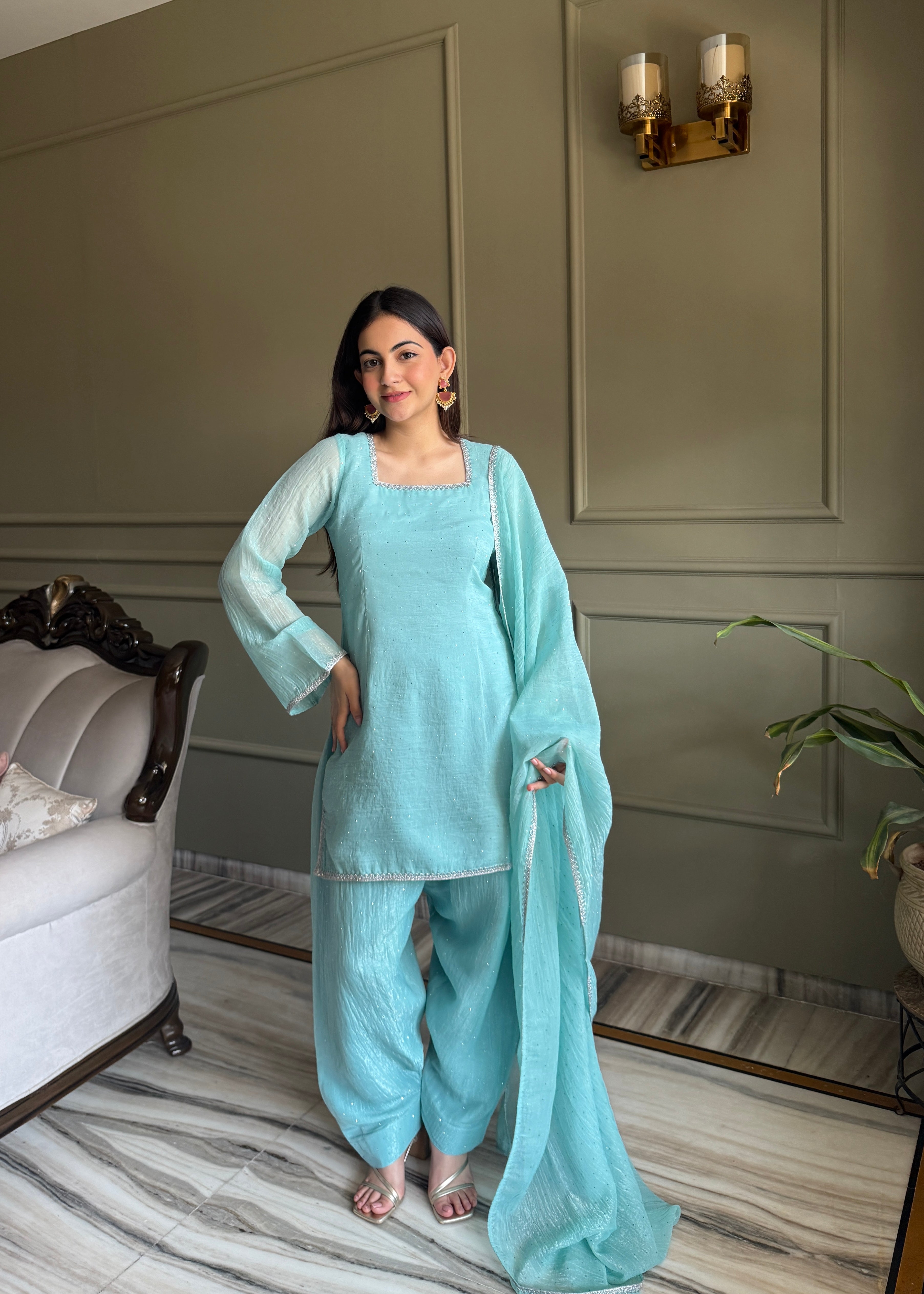 Women's Crunchy Silk Farshi Salwar Kurta Dupatta Set with Swarovski Work
