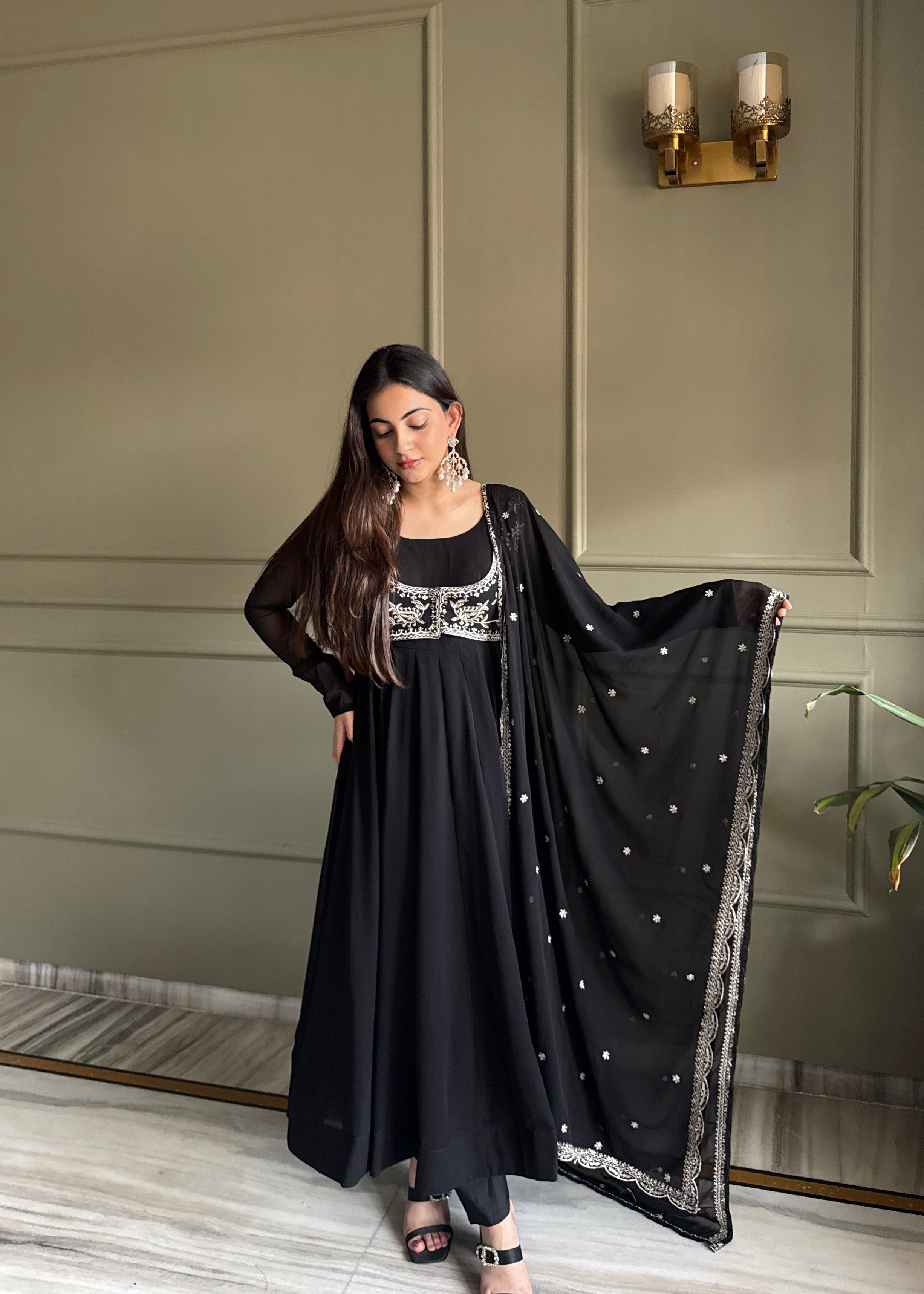 Women's Pure Fox Georgette Anarkali Gown with Koti Pant Dupatta Set