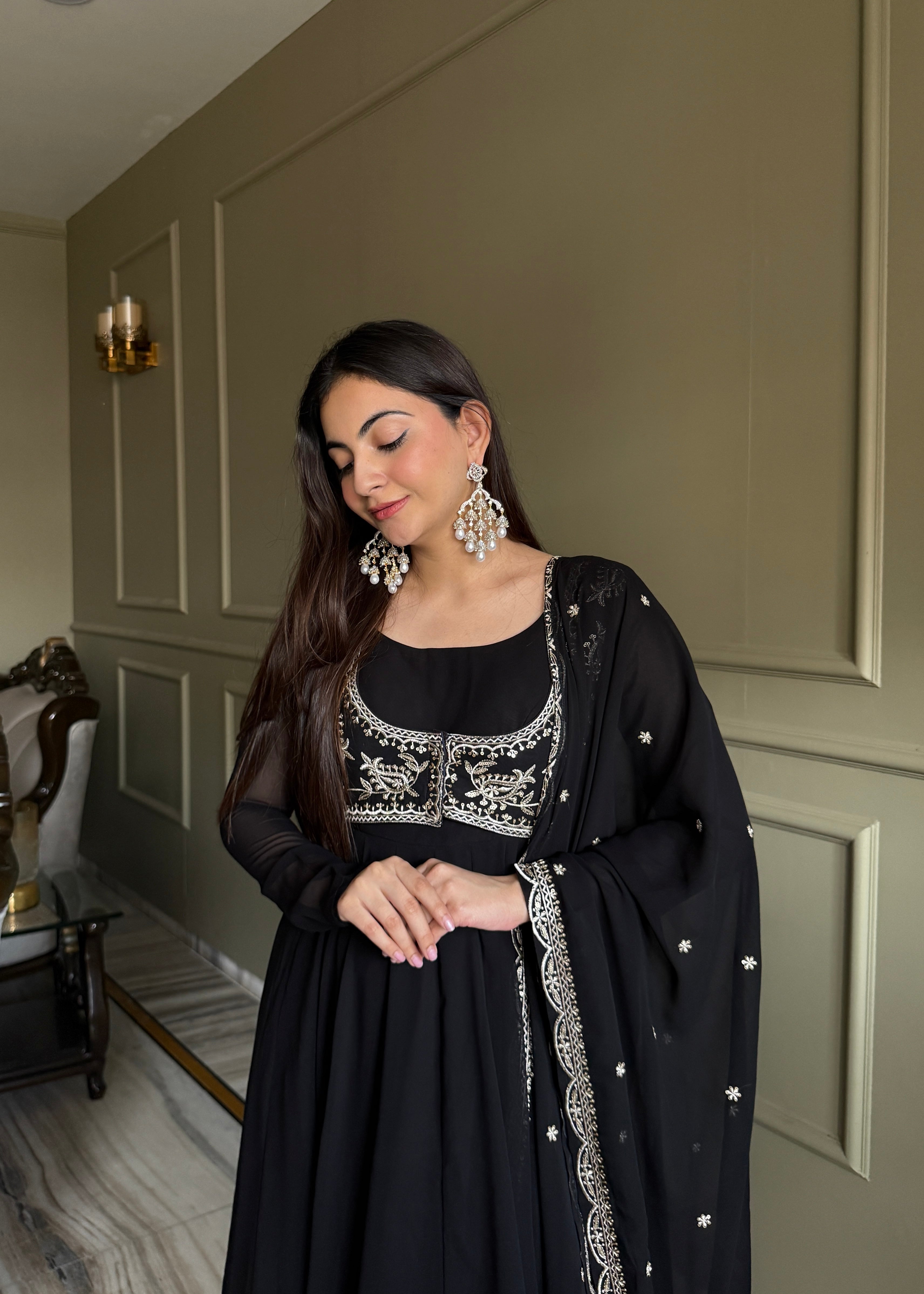 Women's Pure Fox Georgette Anarkali Gown with Koti Pant Dupatta Set