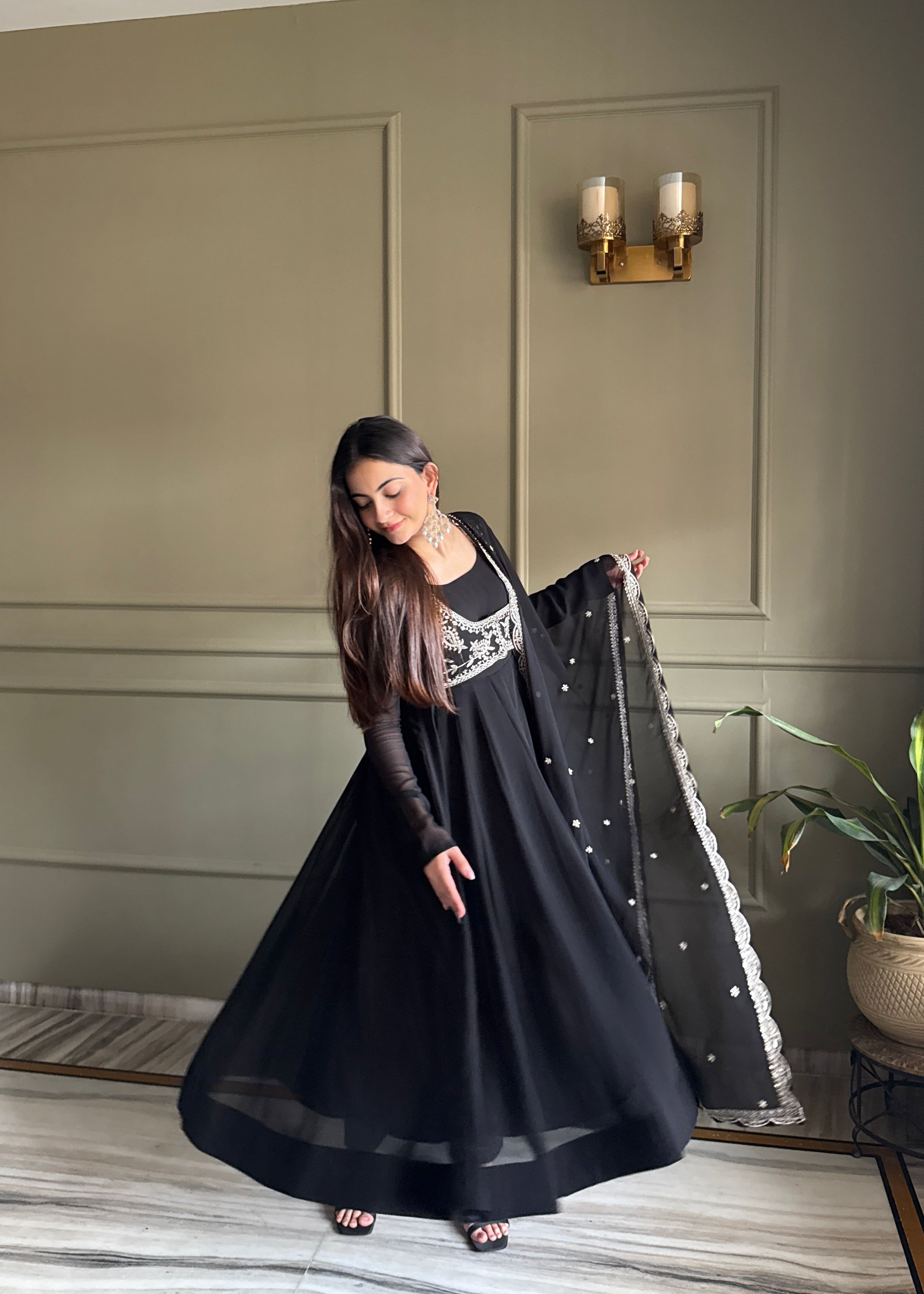 Women's Pure Fox Georgette Anarkali Gown with Koti Pant Dupatta Set