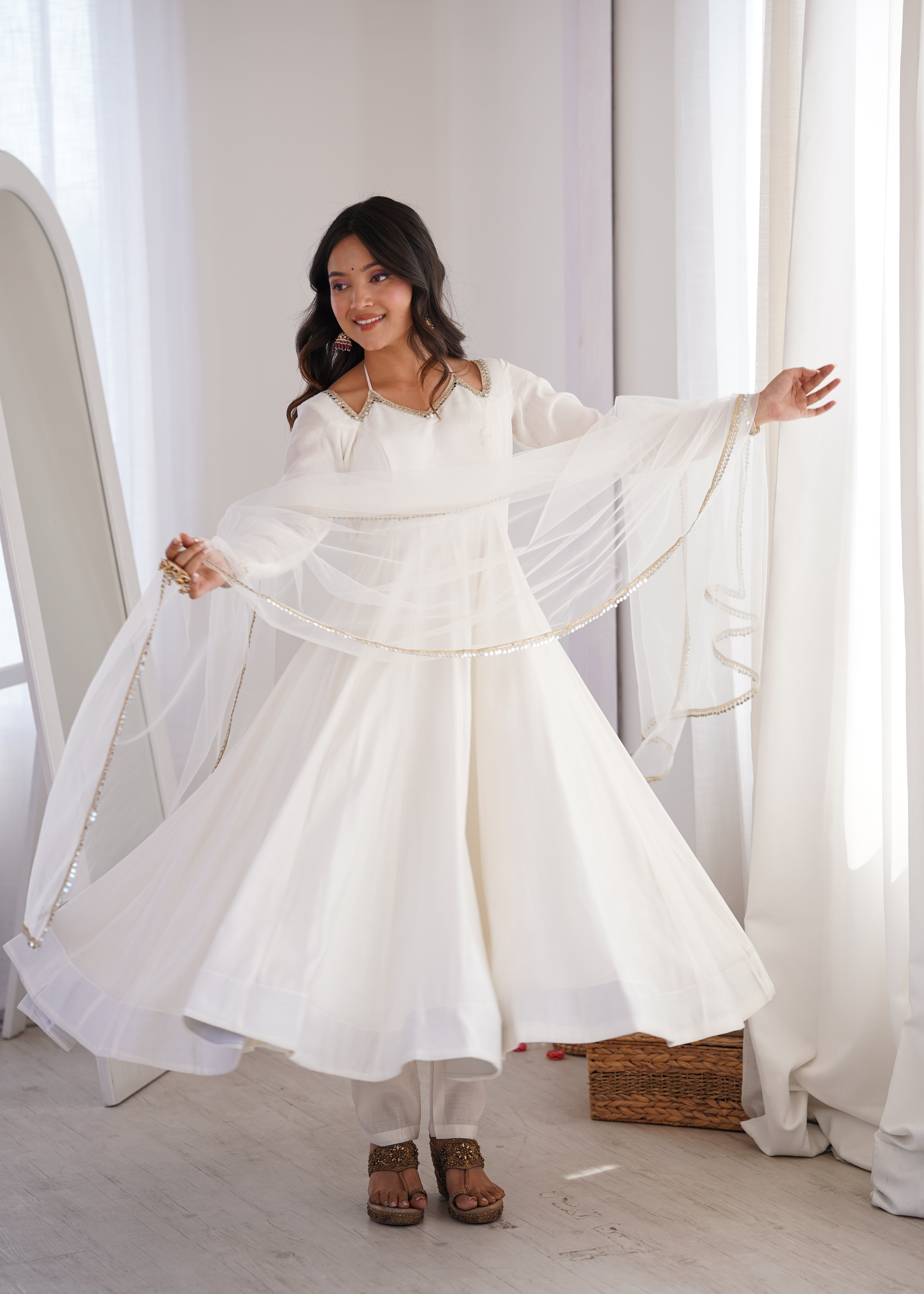 Women's Roman Silk Chanderi Anarkali Pant Dupatta Set with Mirror Lace Dupatta  Product Description:
