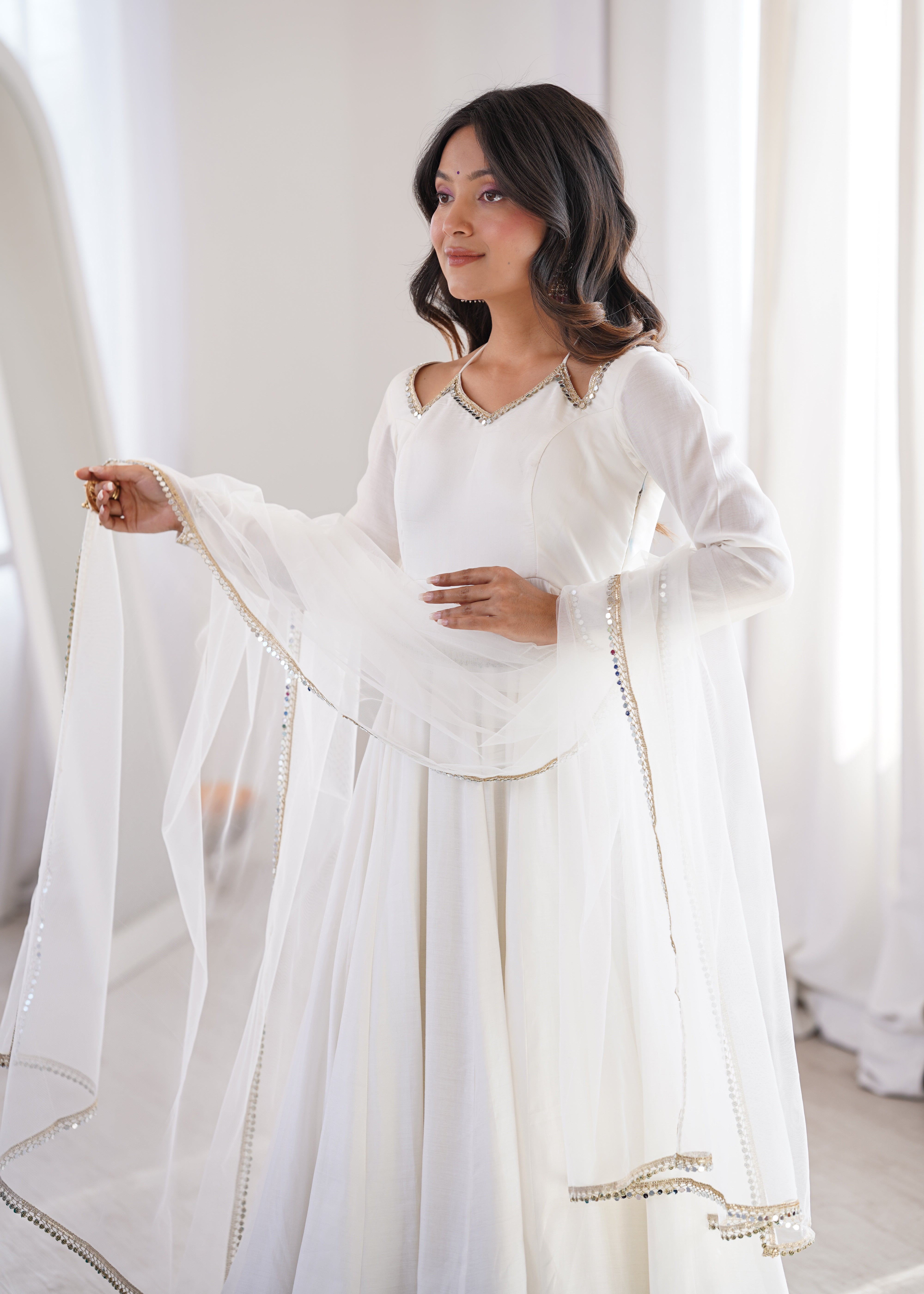 Women's Roman Silk Chanderi Anarkali Pant Dupatta Set with Mirror Lace Dupatta  Product Description: