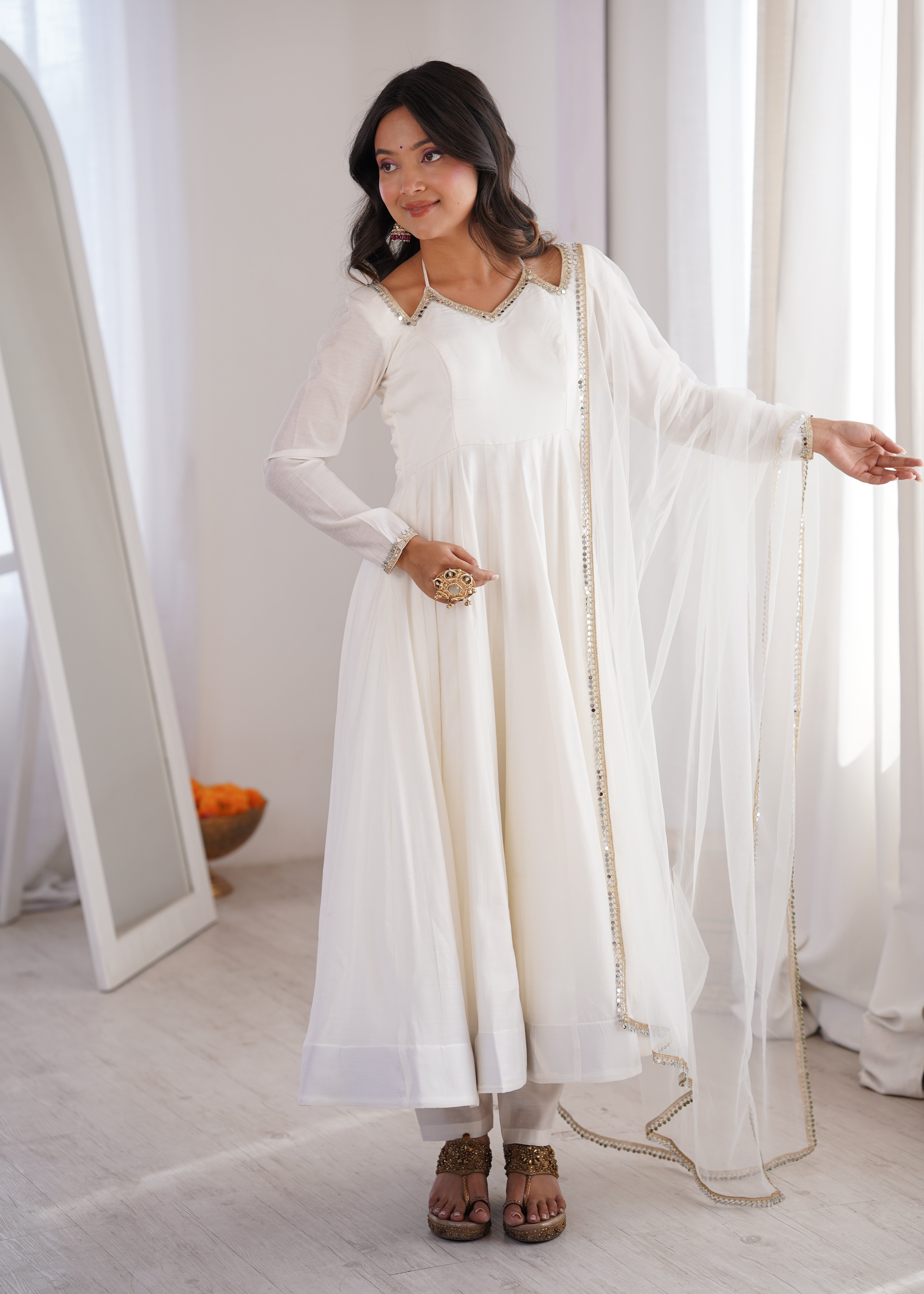 Women's Roman Silk Chanderi Anarkali Pant Dupatta Set with Mirror Lace Dupatta  Product Description: