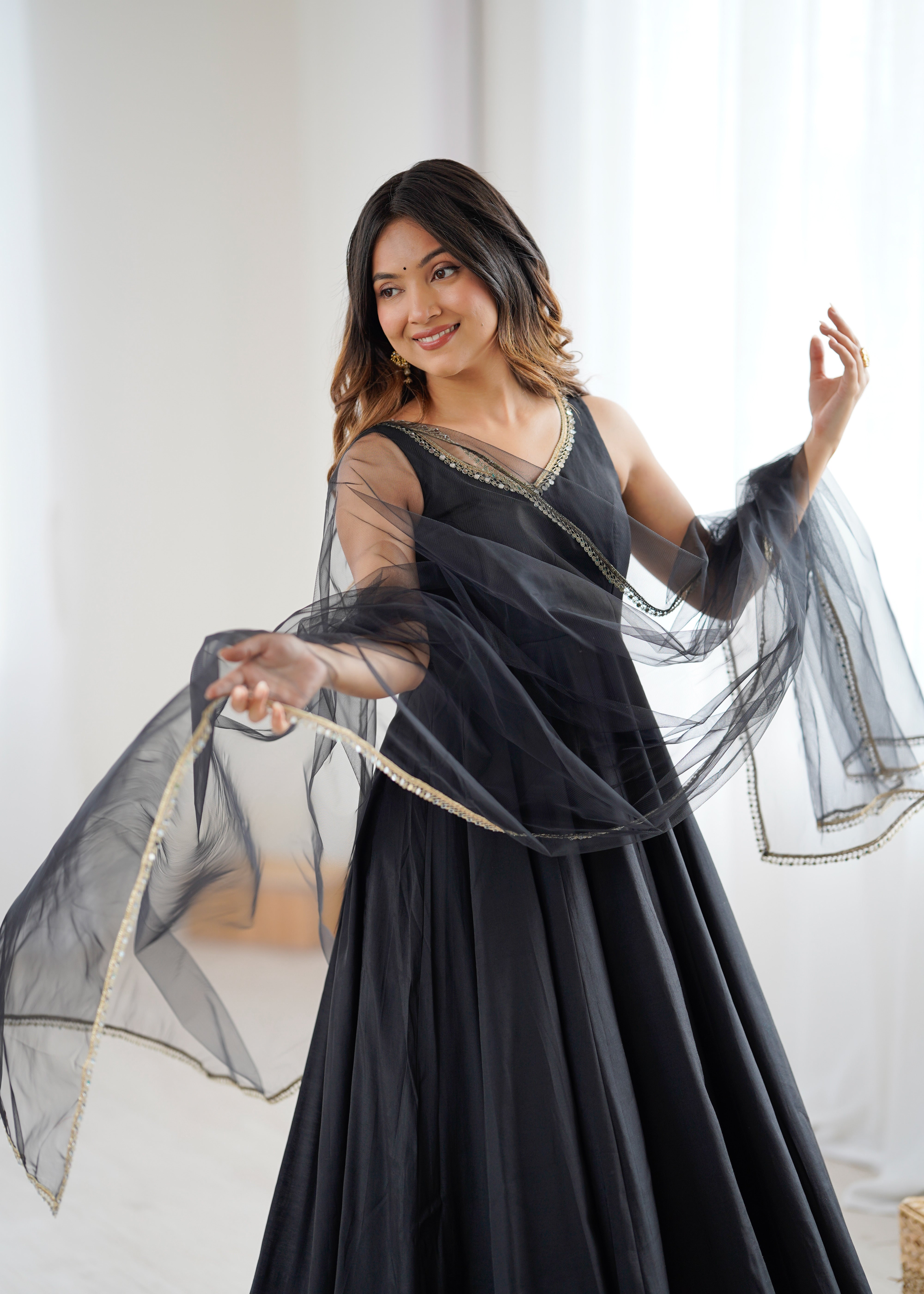 Women's Roman Silk Chanderi Anarkali Pant Dupatta Set with Mirror Lace Dupatta