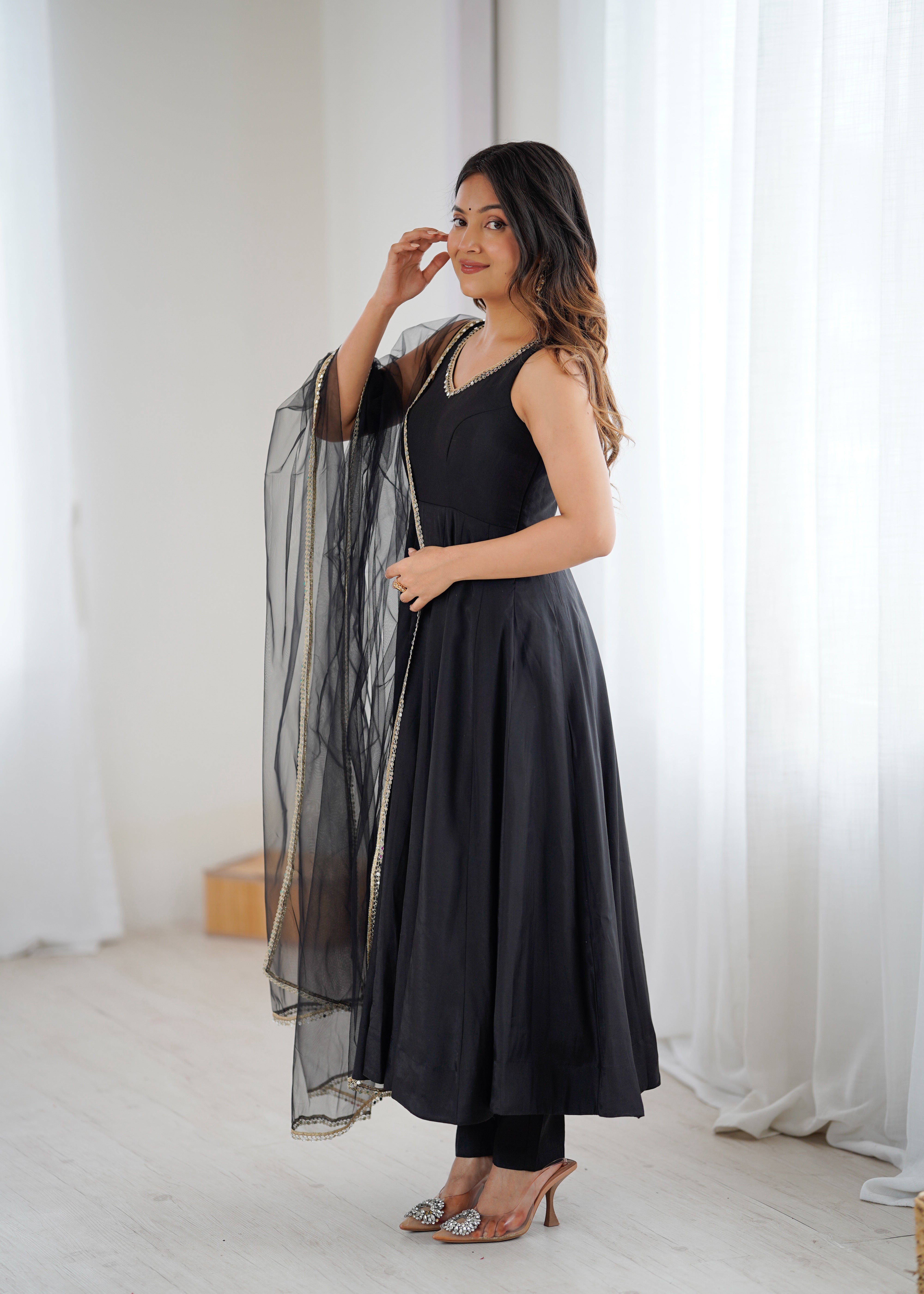 Women's Roman Silk Chanderi Anarkali Pant Dupatta Set with Mirror Lace Dupatta