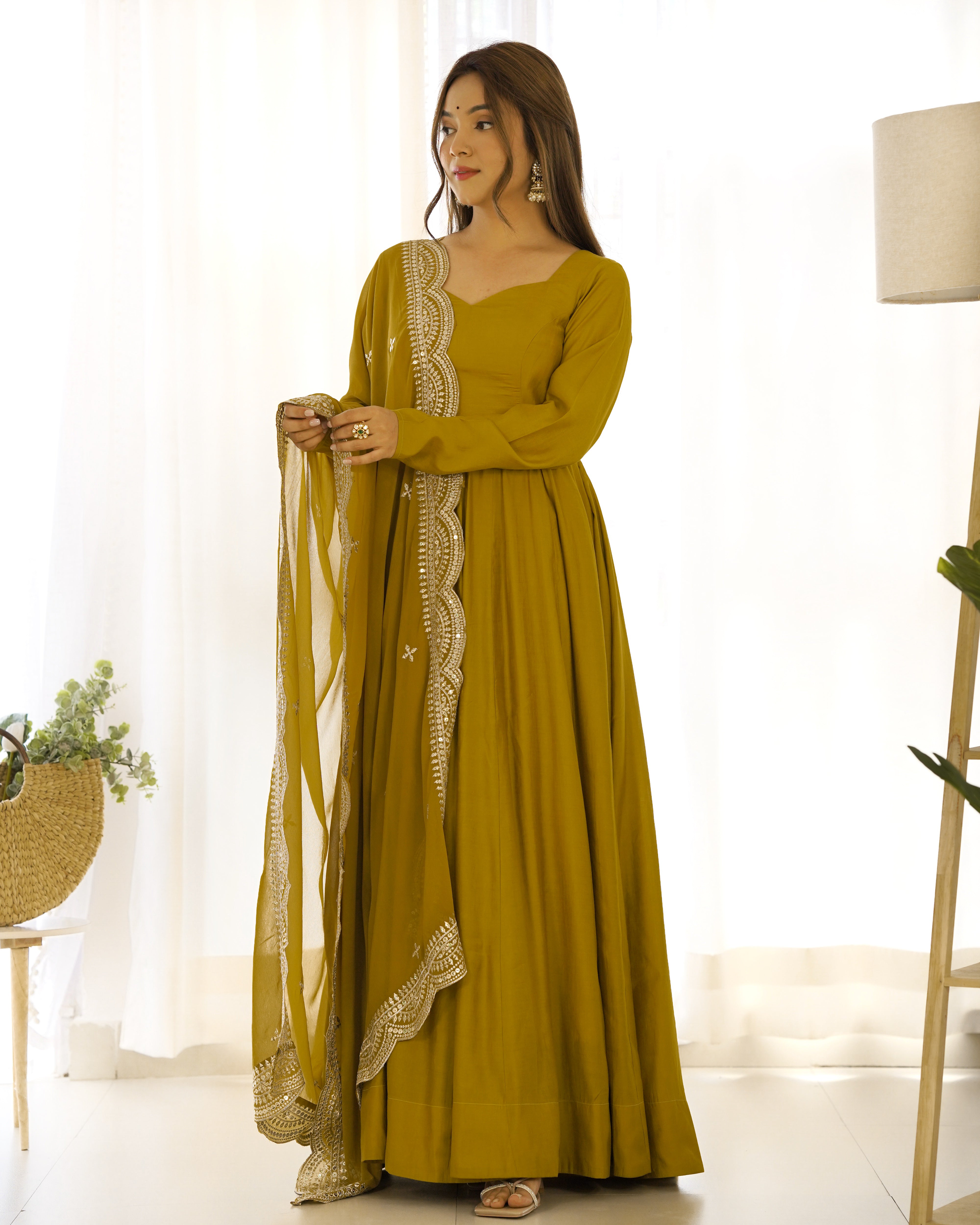 Roman Silk Chanderi Flared Anarkali Suit Set with Dupatta and Pant