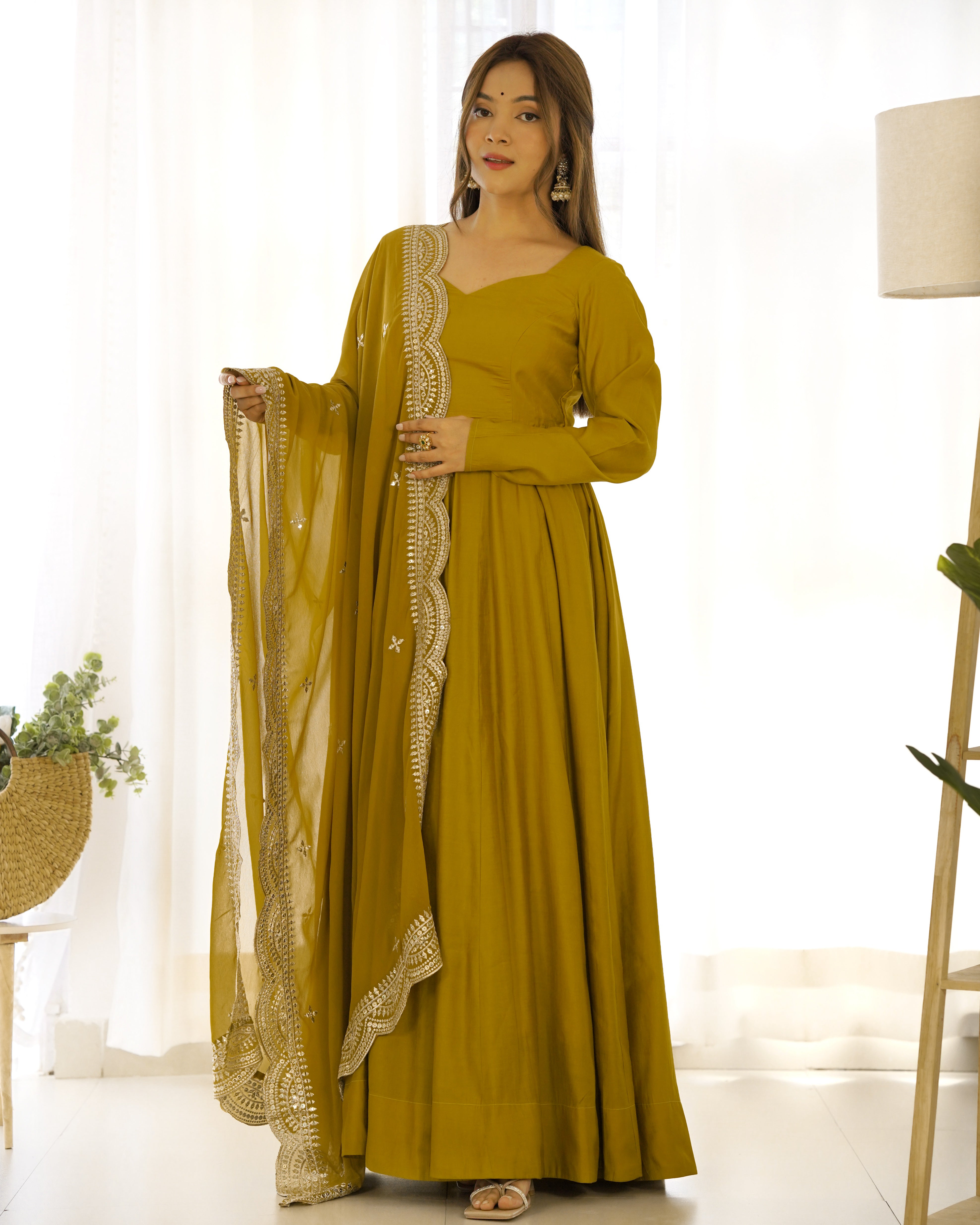Roman Silk Chanderi Flared Anarkali Suit Set with Dupatta and Pant
