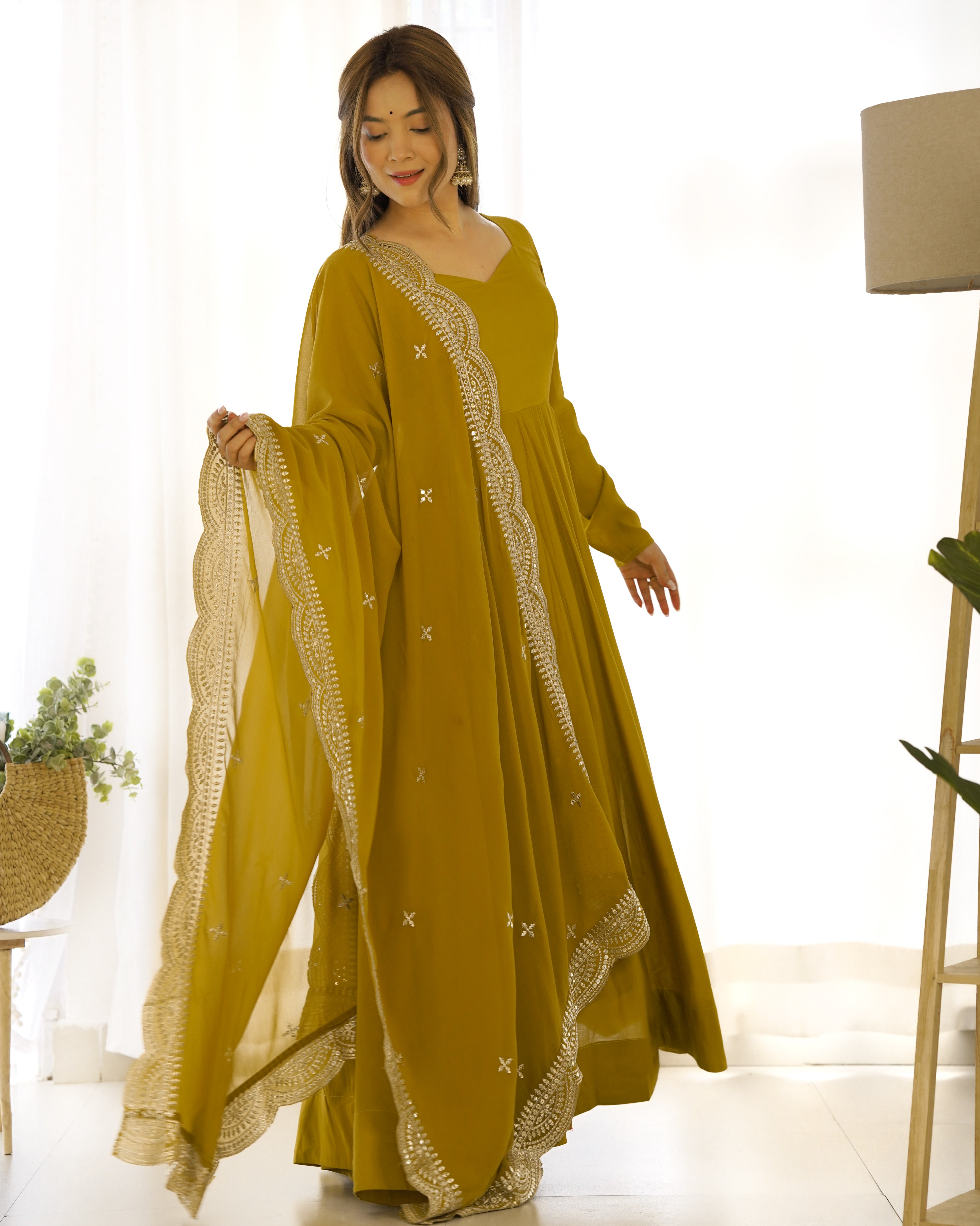 Roman Silk Chanderi Flared Anarkali Suit Set with Dupatta and Pant