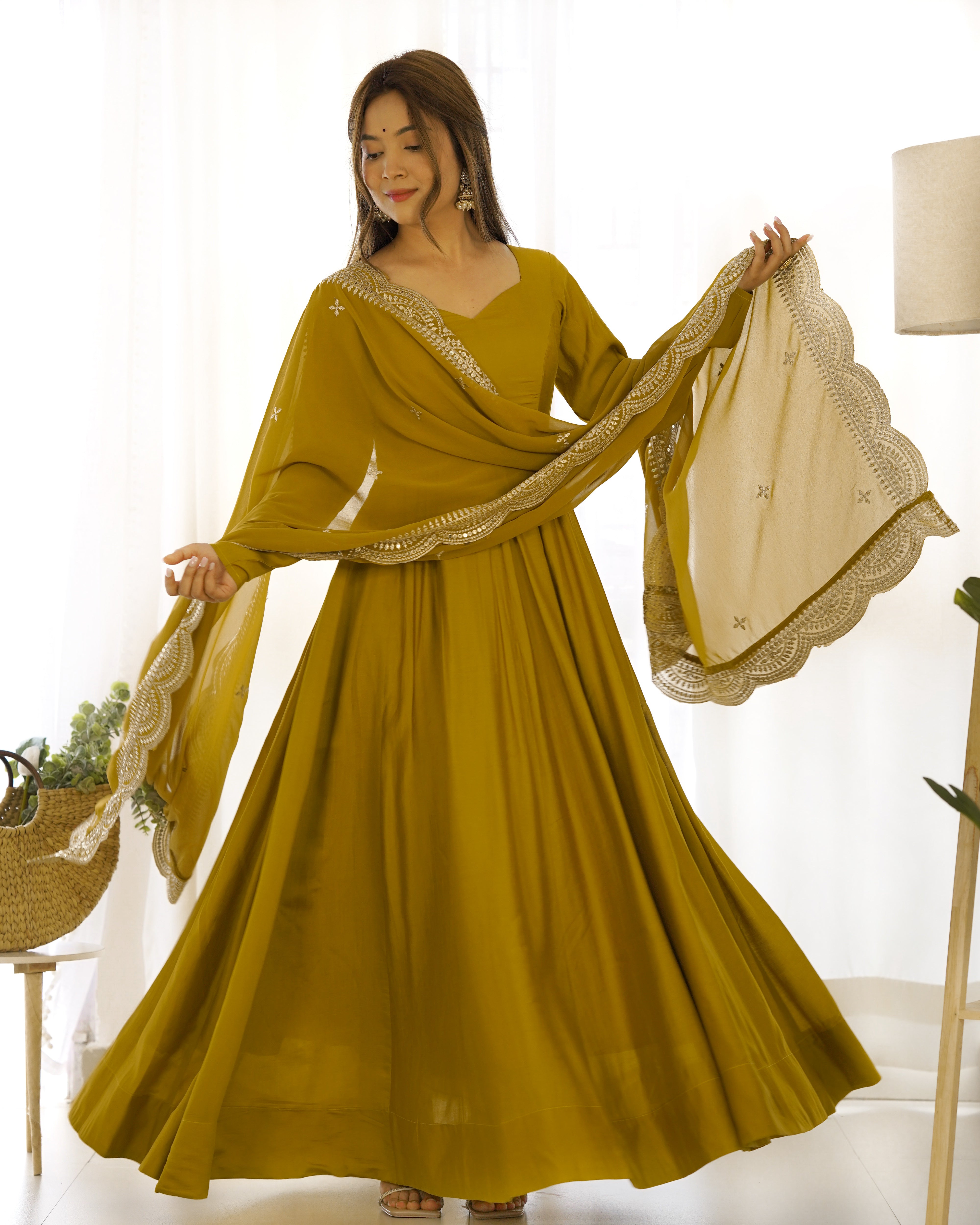 Roman Silk Chanderi Flared Anarkali Suit Set with Dupatta and Pant