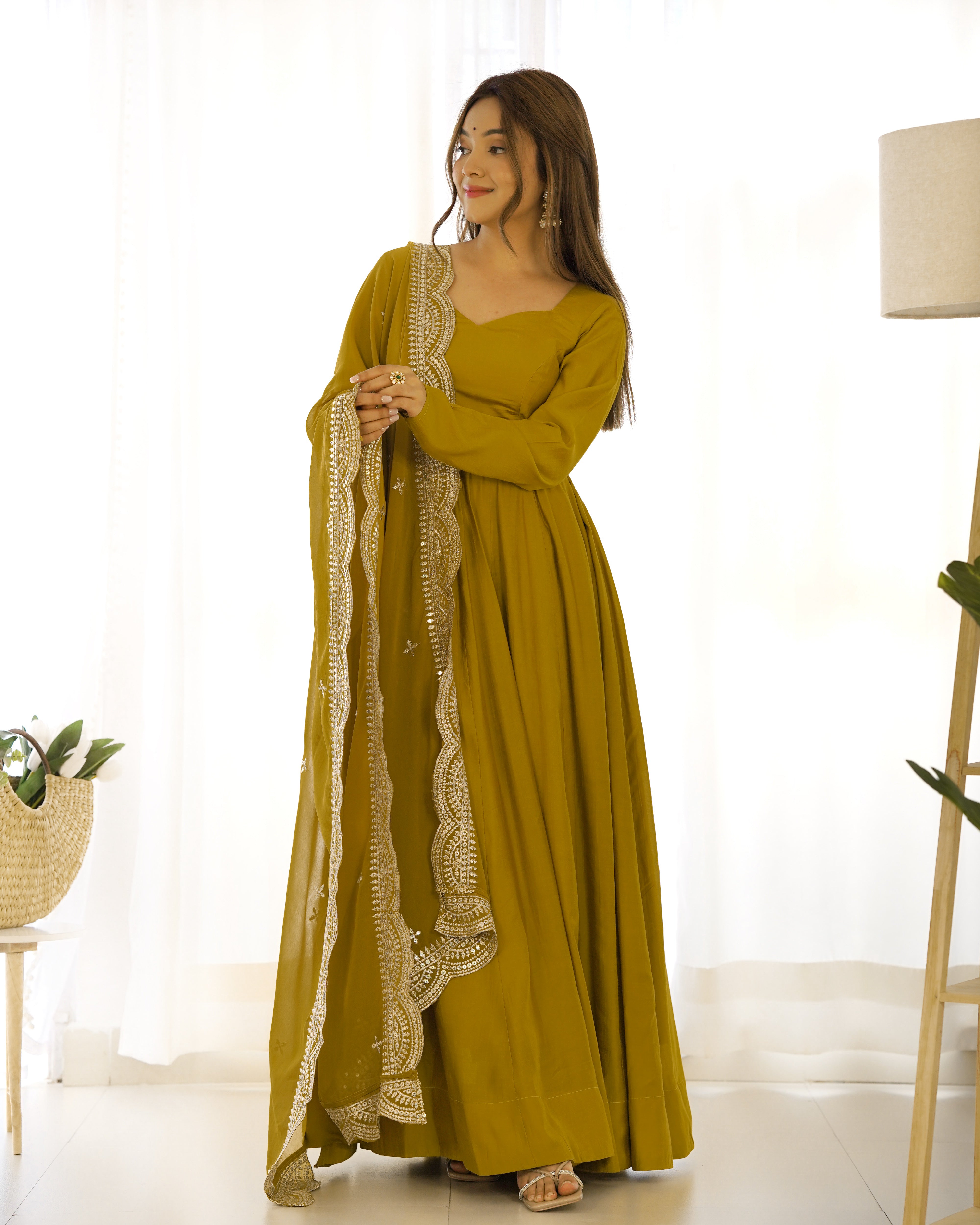 Roman Silk Chanderi Flared Anarkali Suit Set with Dupatta and Pant