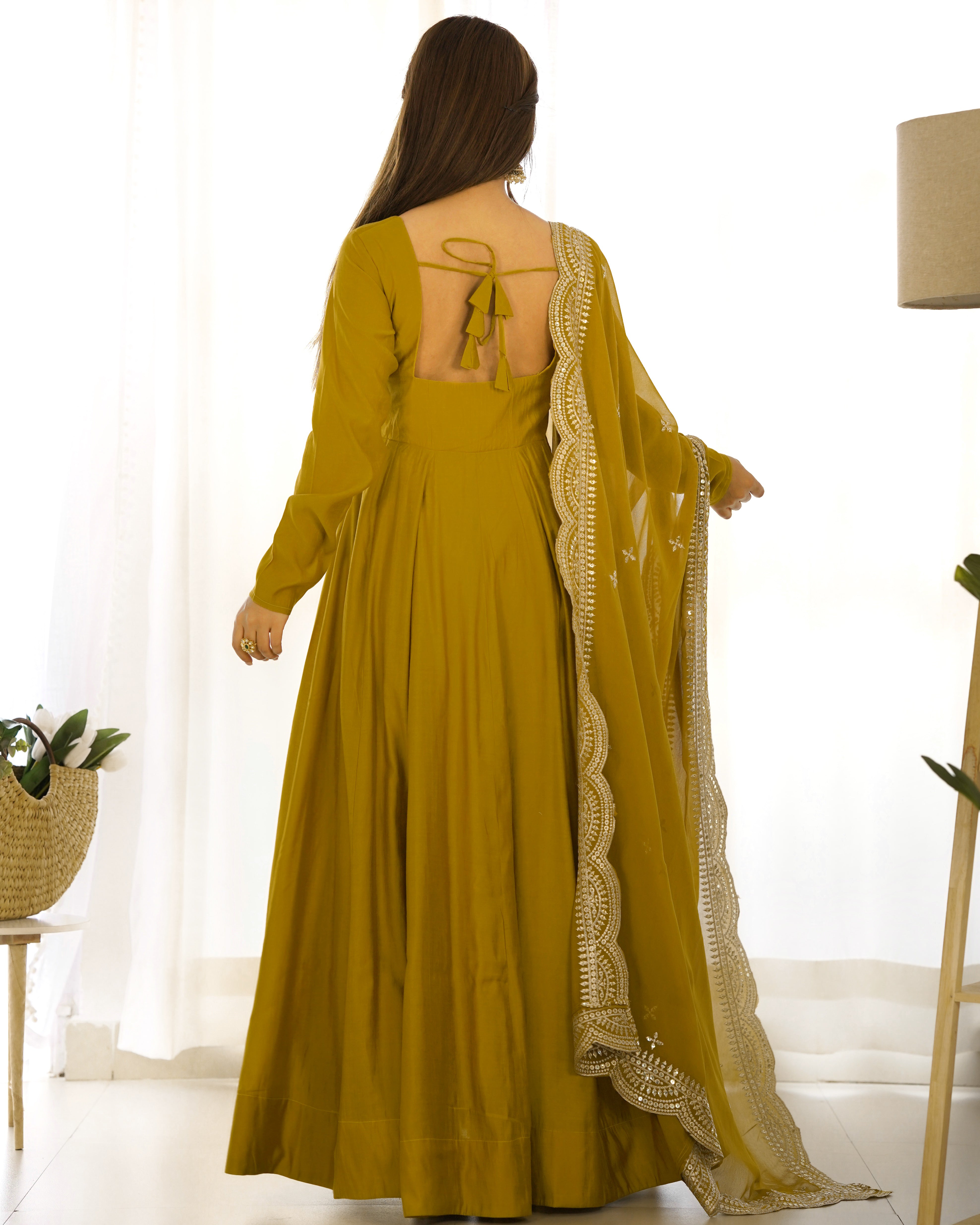 Roman Silk Chanderi Flared Anarkali Suit Set with Dupatta and Pant