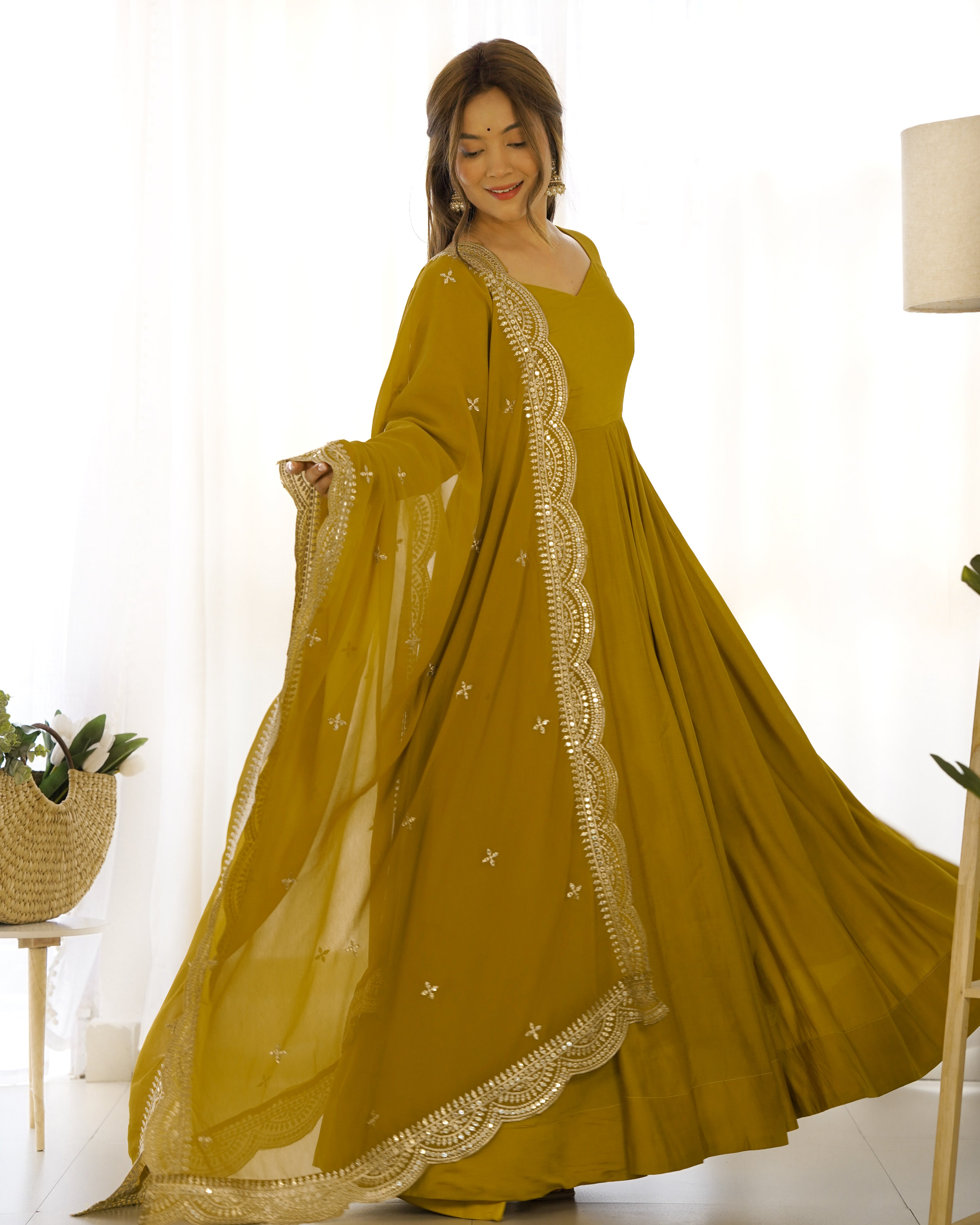 Roman Silk Chanderi Flared Anarkali Suit Set with Dupatta and Pant