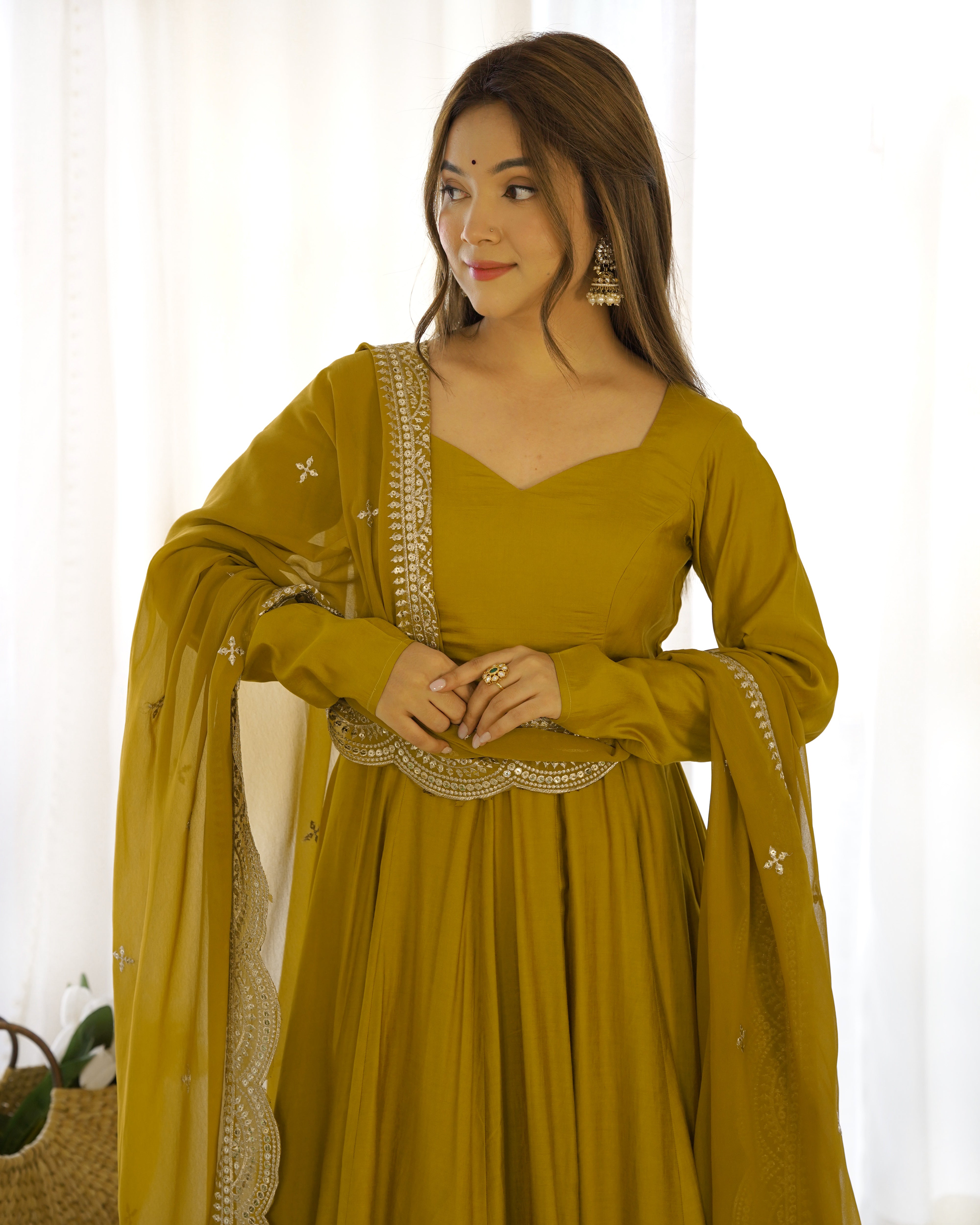 Roman Silk Chanderi Flared Anarkali Suit Set with Dupatta and Pant