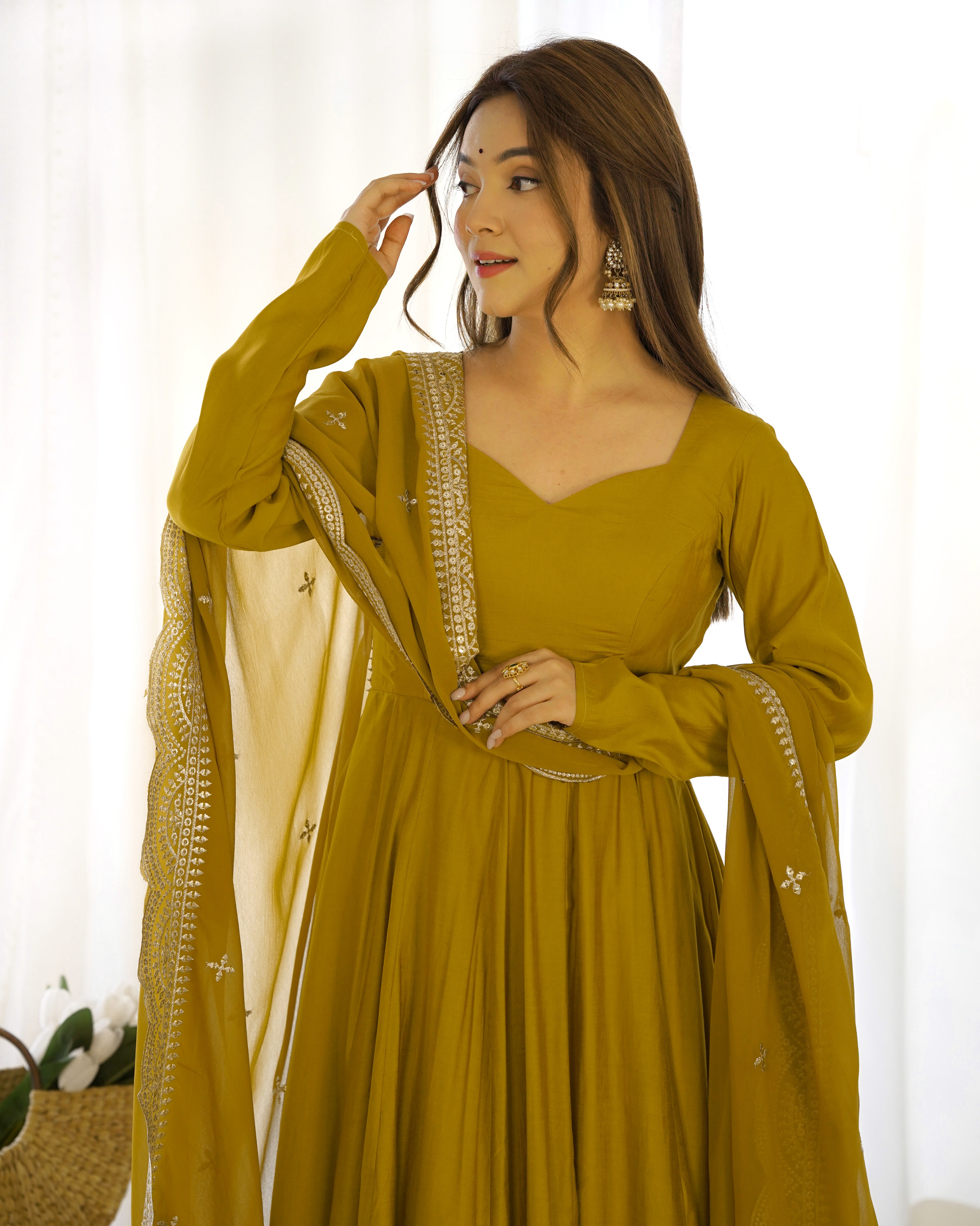 Roman Silk Chanderi Flared Anarkali Suit Set with Dupatta and Pant