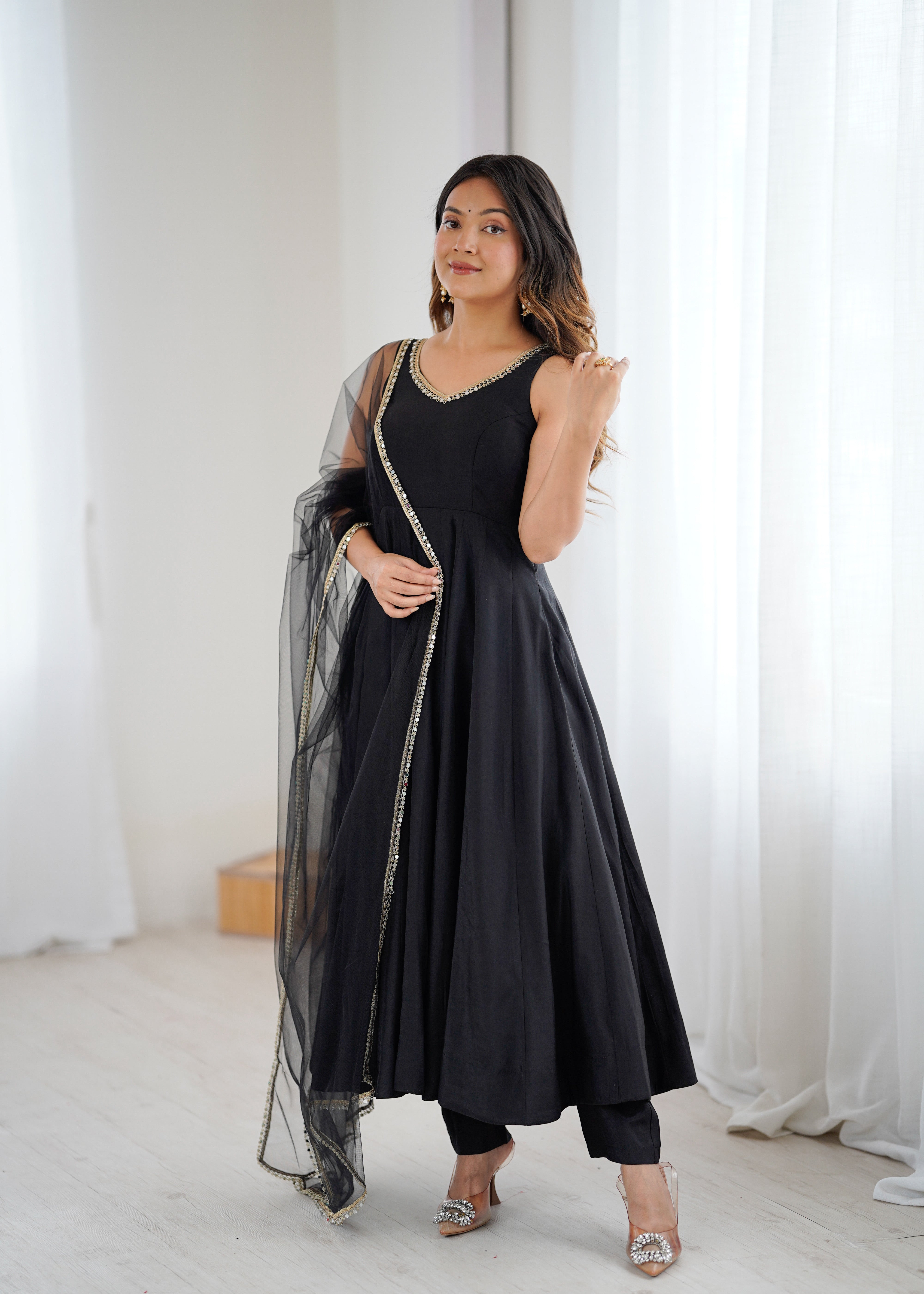 Women's Roman Silk Chanderi Anarkali Pant Dupatta Set with Mirror Lace Dupatta