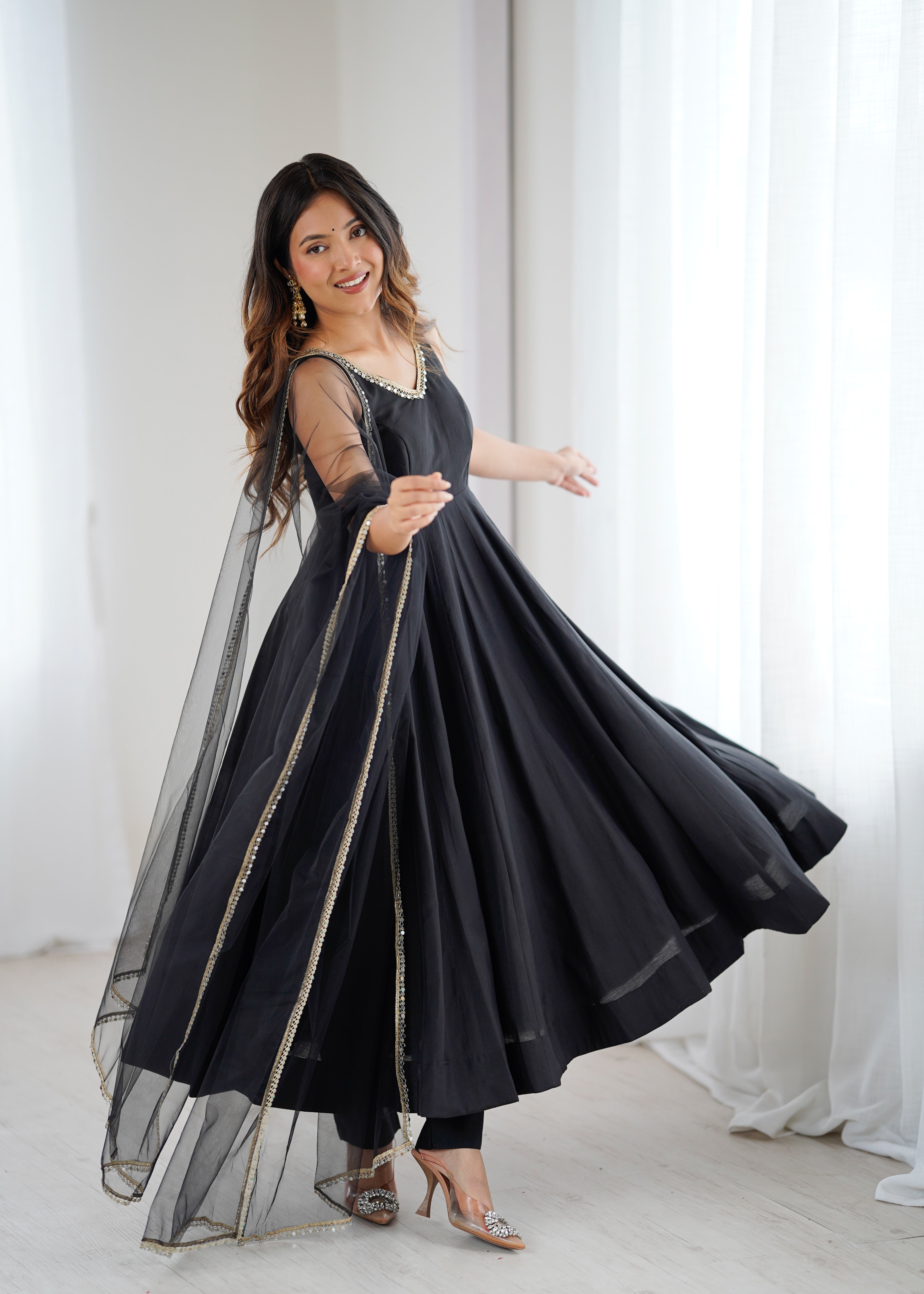 Women's Roman Silk Chanderi Anarkali Pant Dupatta Set with Mirror Lace Dupatta