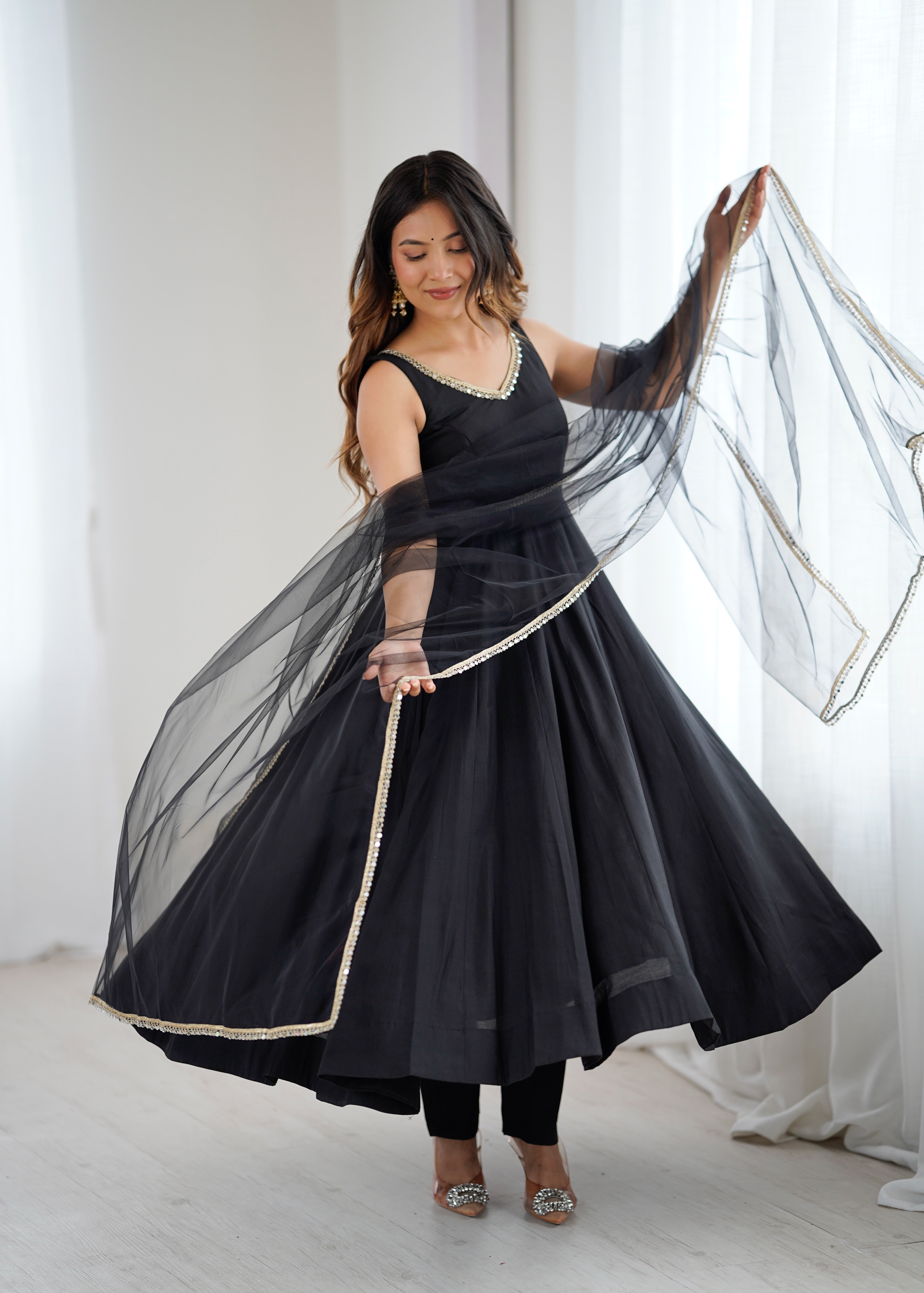 Women's Roman Silk Chanderi Anarkali Pant Dupatta Set with Mirror Lace Dupatta
