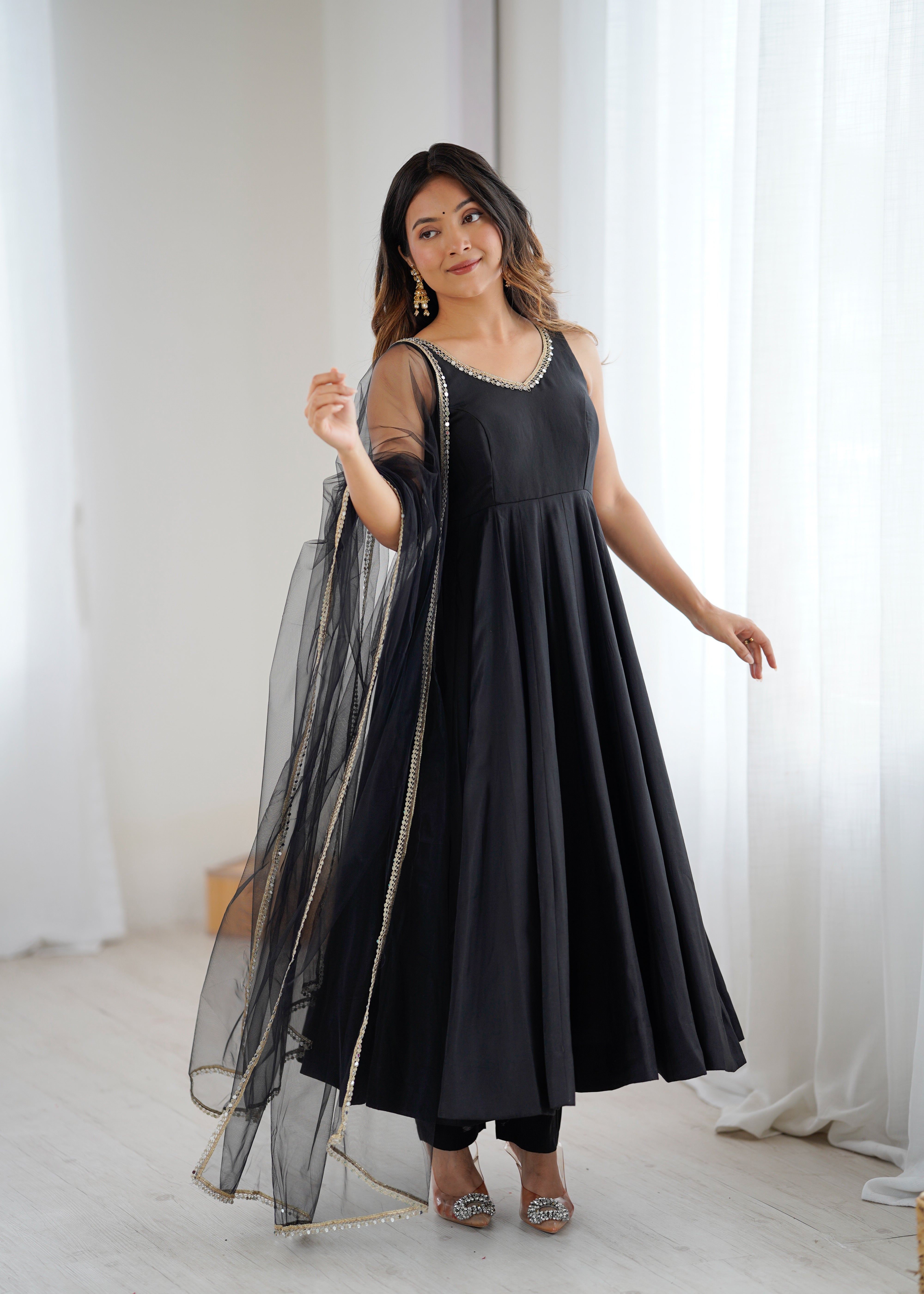Women's Roman Silk Chanderi Anarkali Pant Dupatta Set with Mirror Lace Dupatta