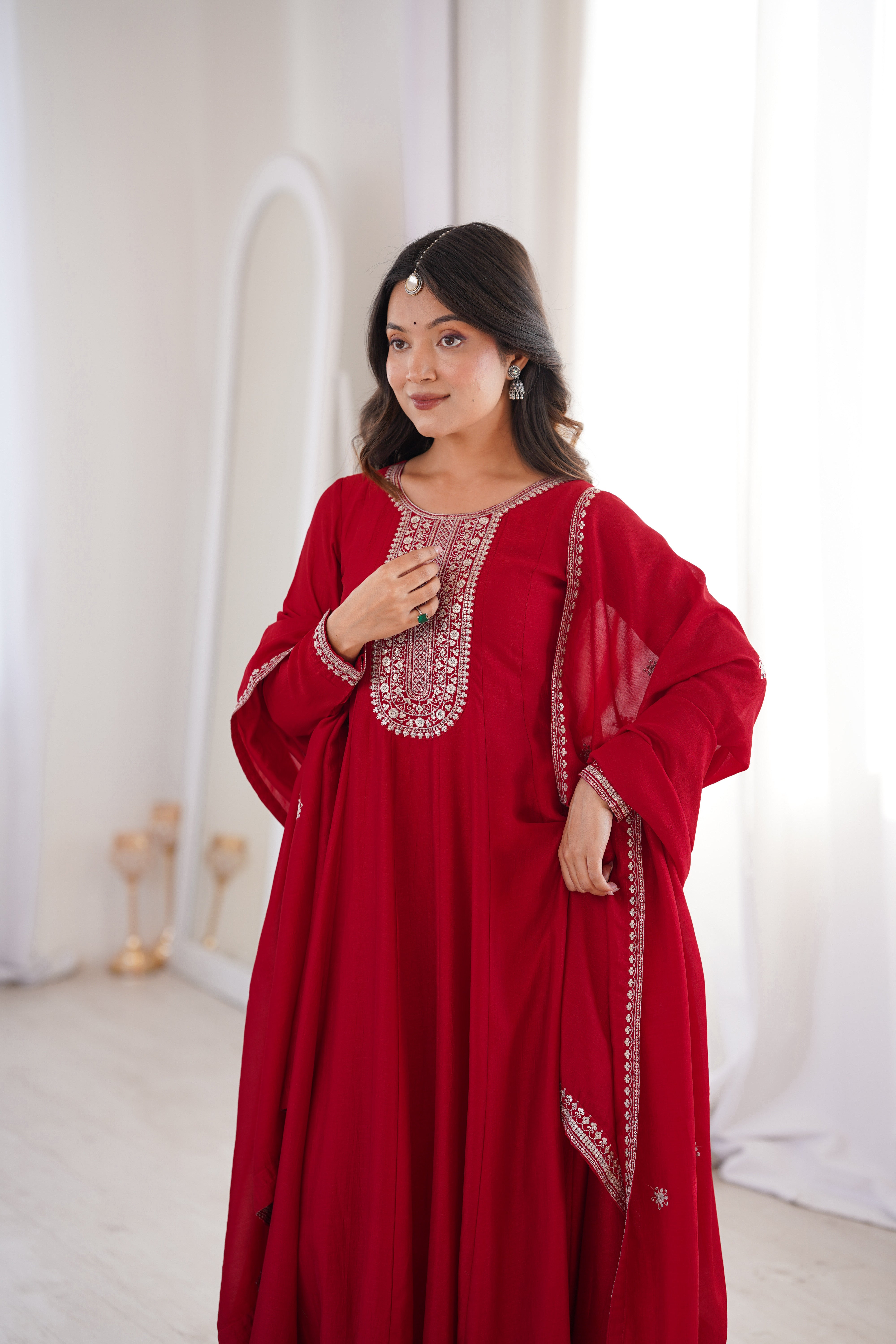 Pure Vichitra Silk Flared Anarkali Gown with Embroidered Dupatta