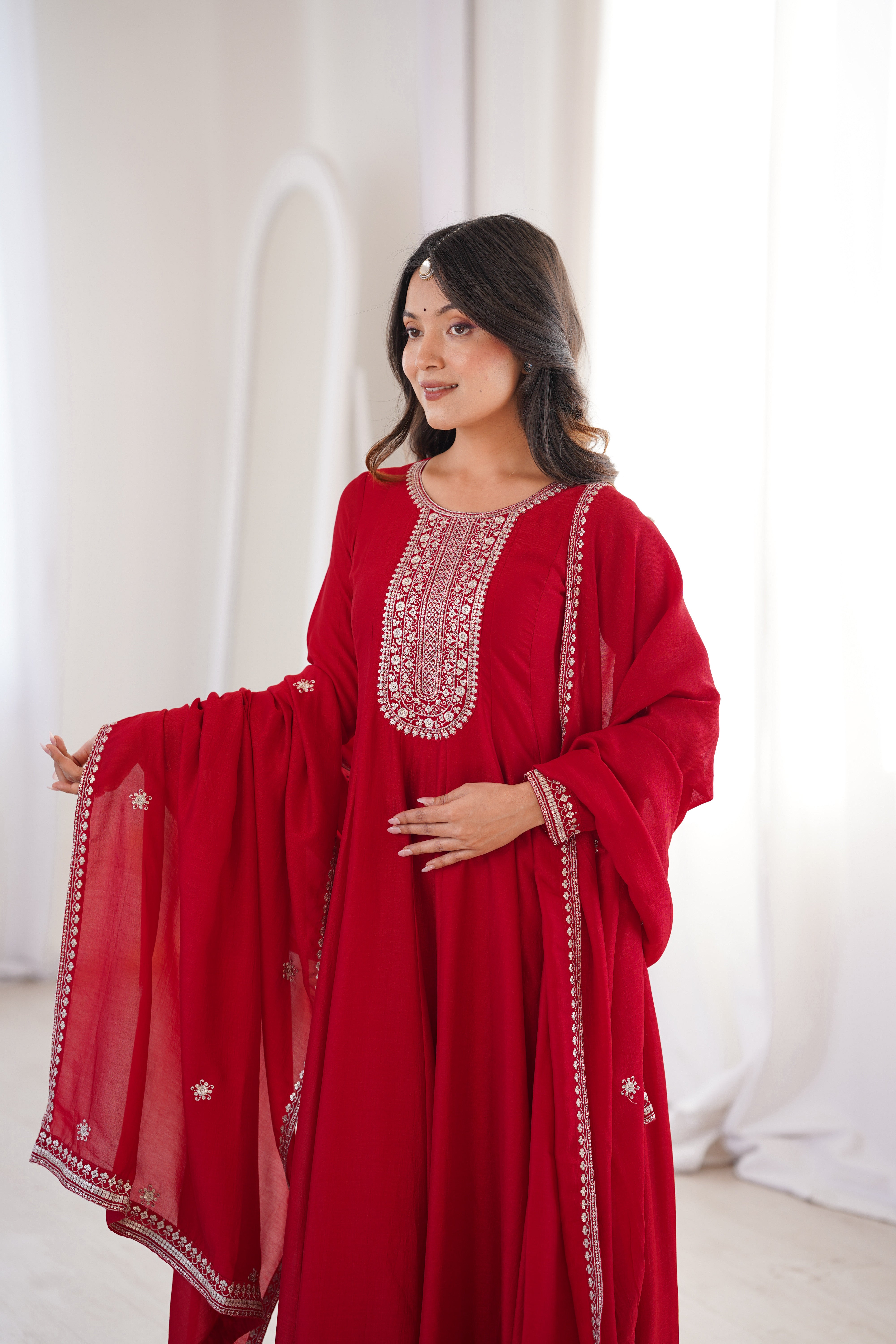 Pure Vichitra Silk Flared Anarkali Gown with Embroidered Dupatta