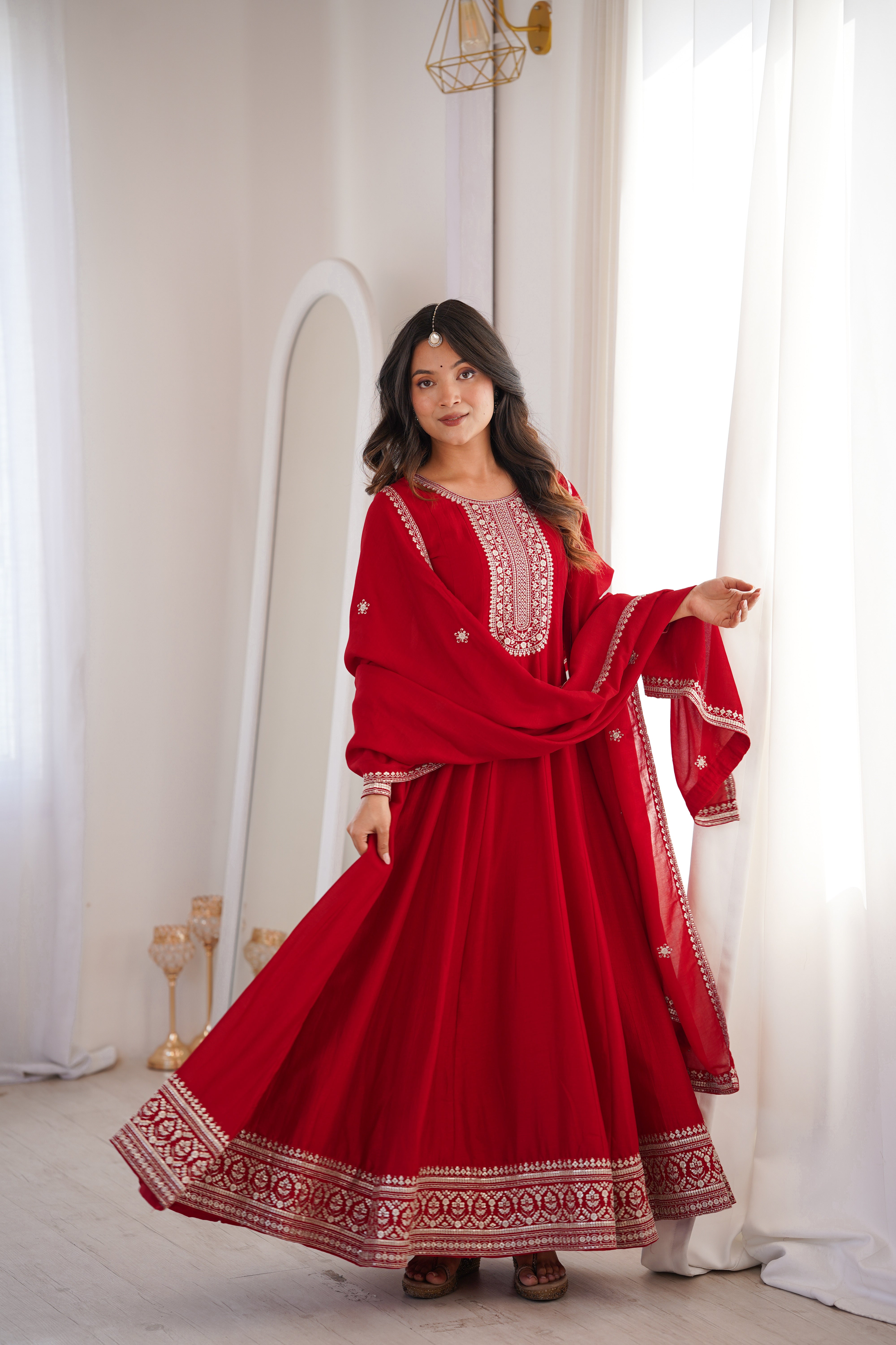 Pure Vichitra Silk Flared Anarkali Gown with Embroidered Dupatta