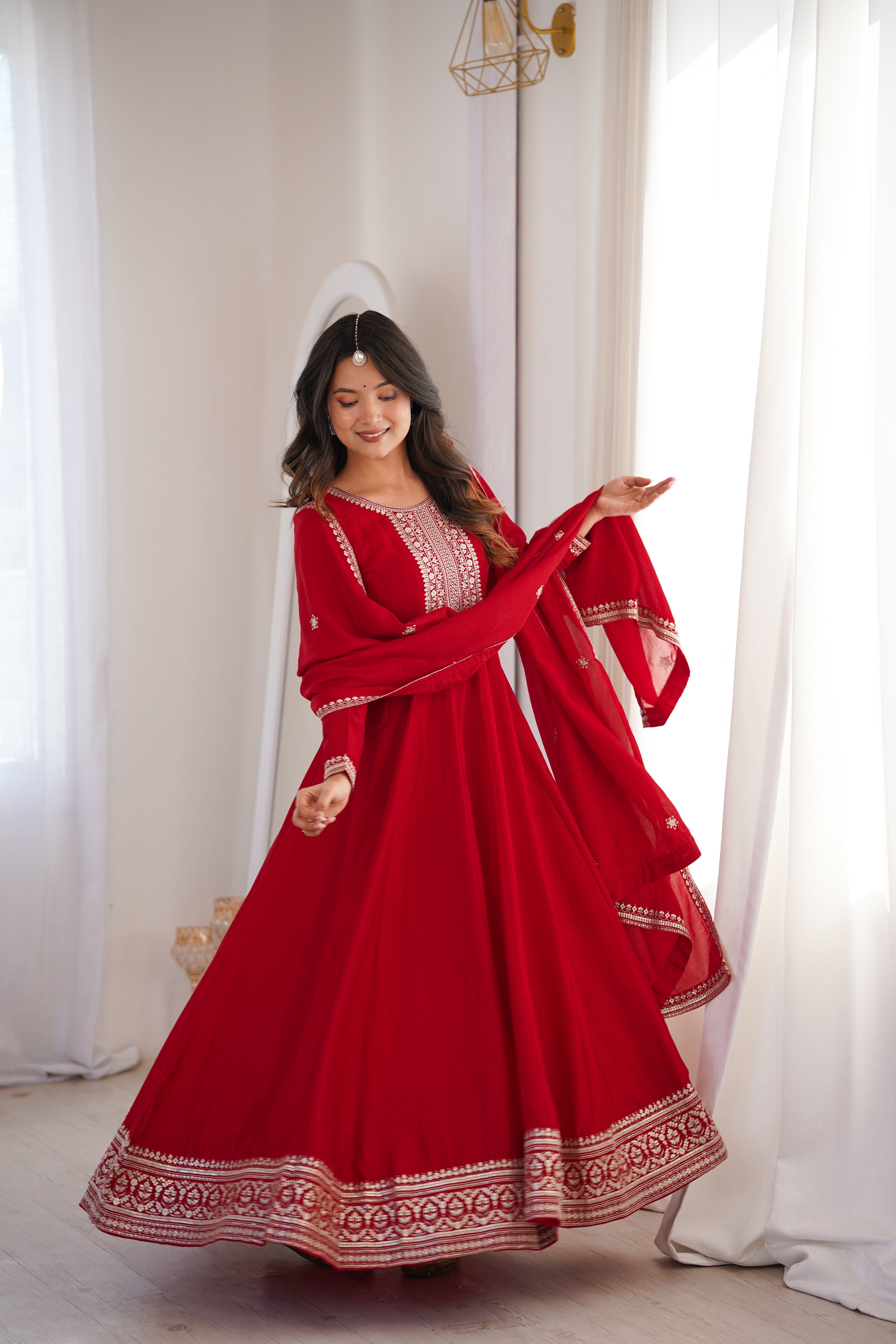 Pure Vichitra Silk Flared Anarkali Gown with Embroidered Dupatta