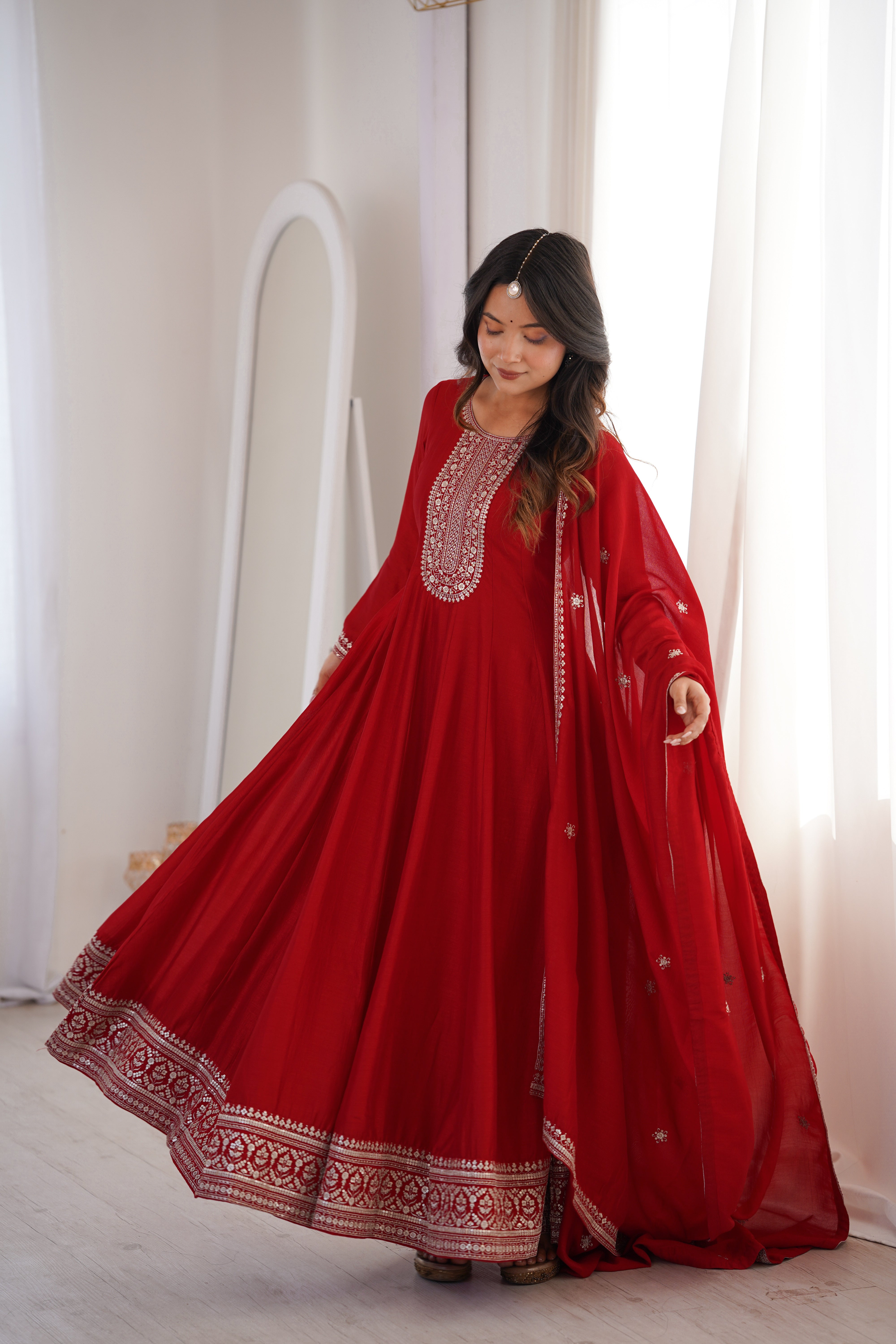 Pure Vichitra Silk Flared Anarkali Gown with Embroidered Dupatta