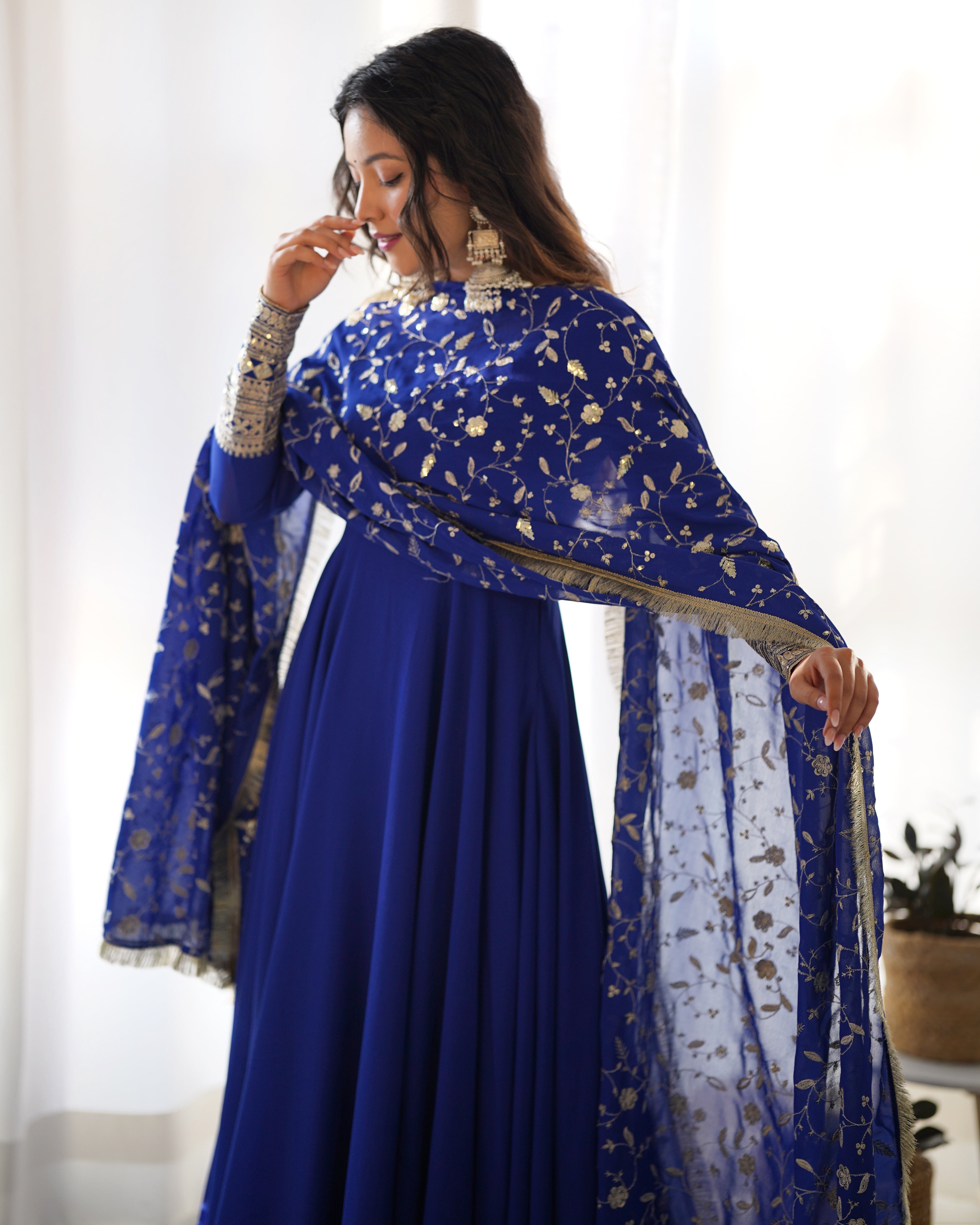 Women's Soft Fox Georgette Anarkali Gown Pant Dupatta Set with Sequence and Zari Work