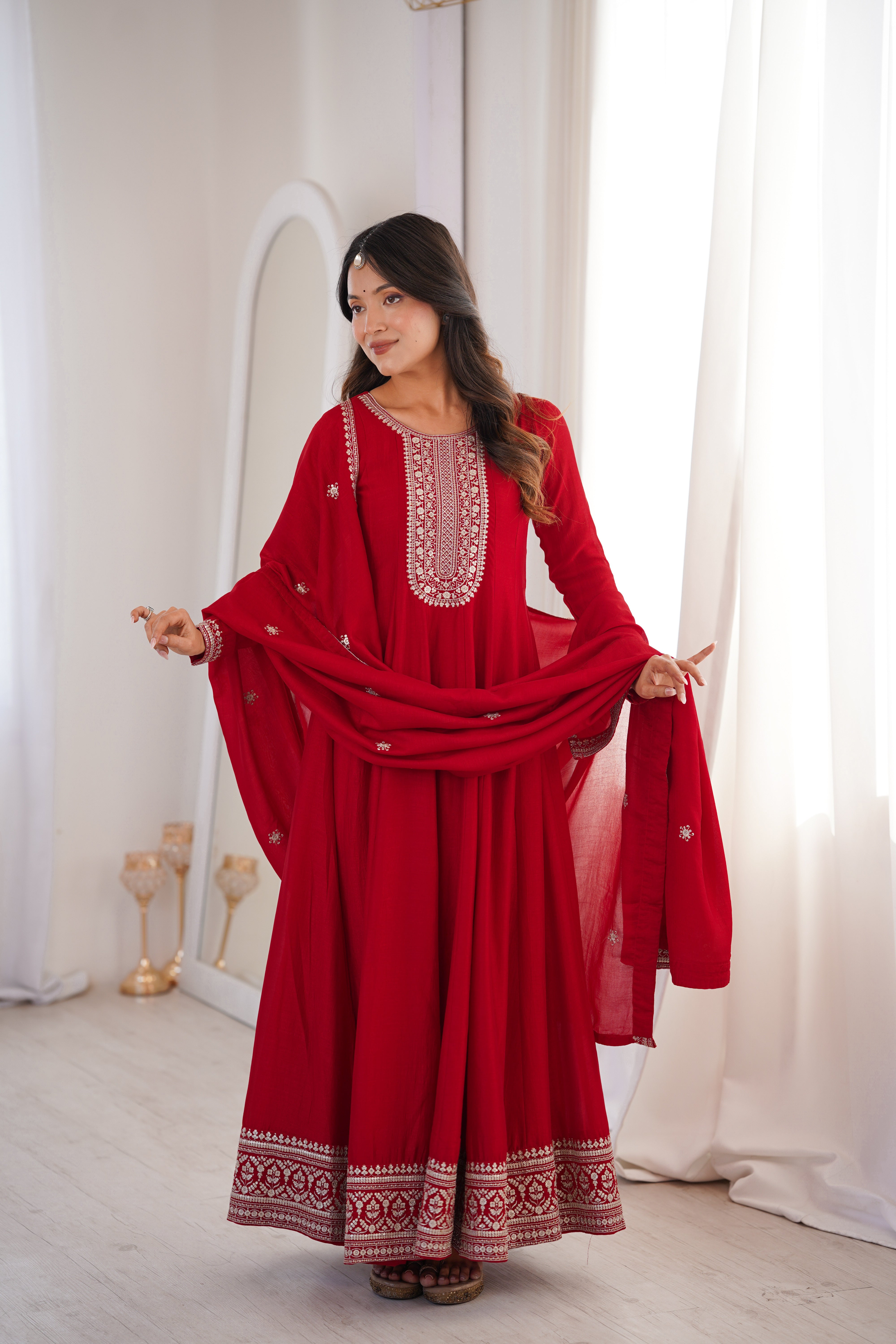 Pure Vichitra Silk Flared Anarkali Gown with Embroidered Dupatta