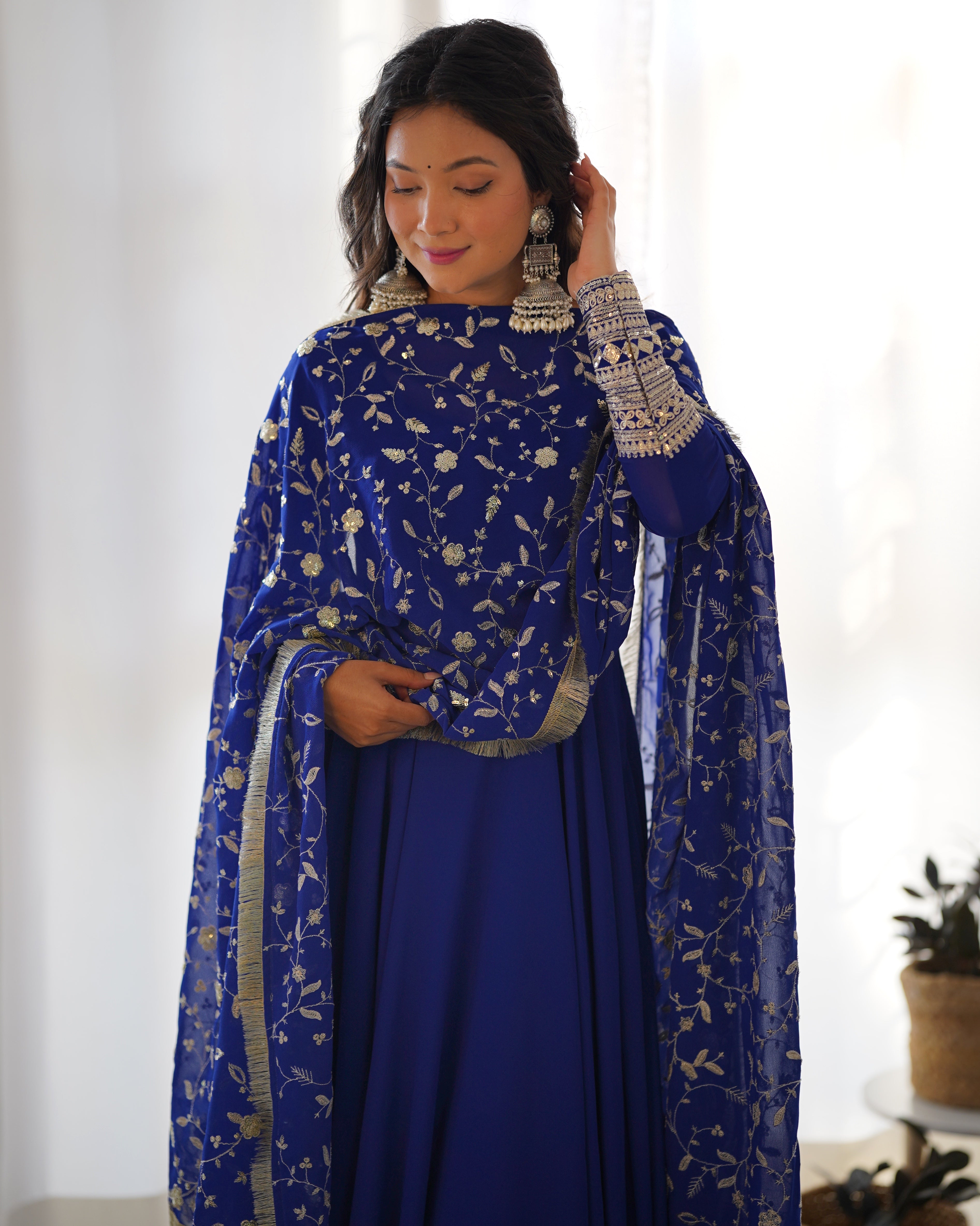 Women's Soft Fox Georgette Anarkali Gown Pant Dupatta Set with Sequence and Zari Work