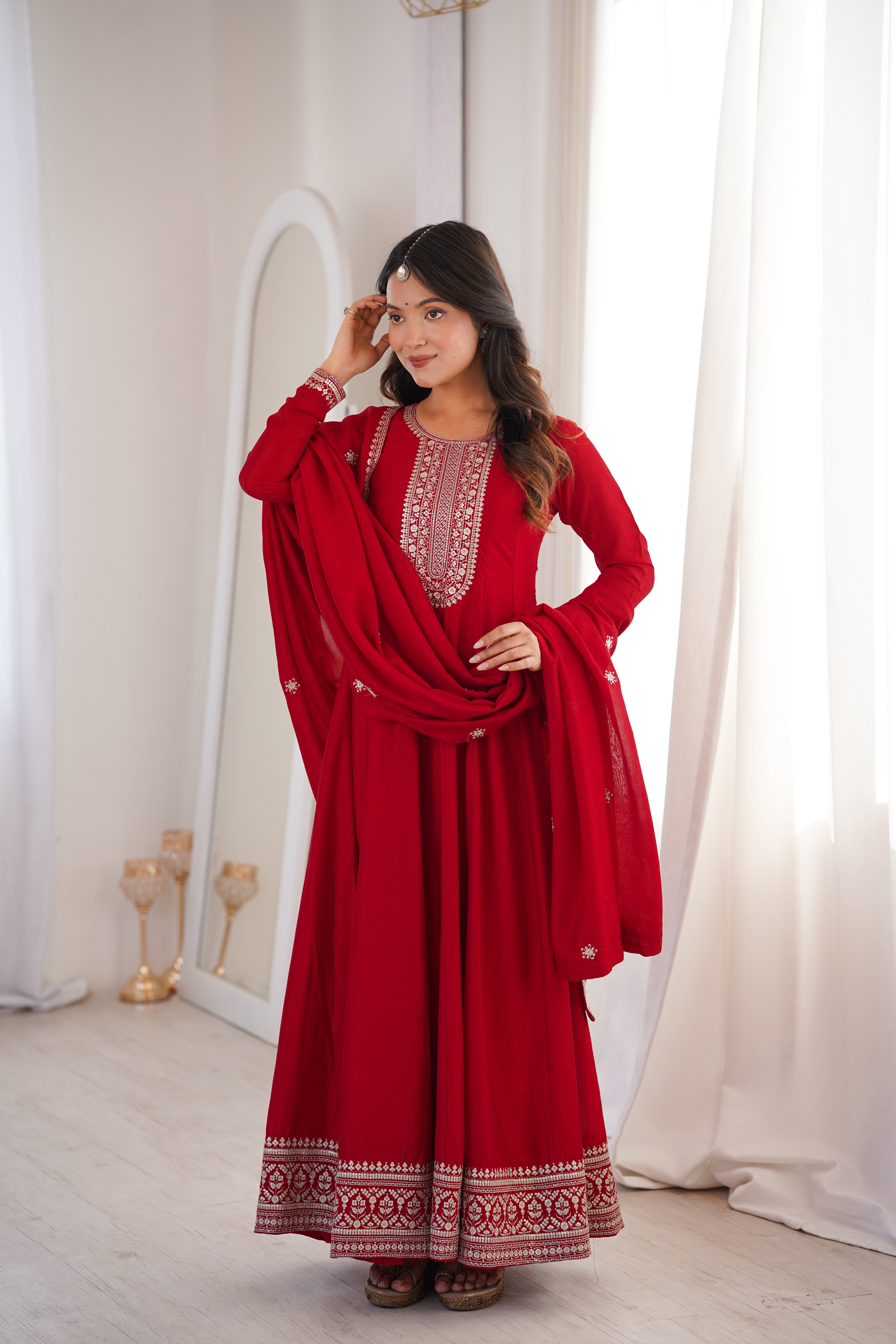 Pure Vichitra Silk Flared Anarkali Gown with Embroidered Dupatta