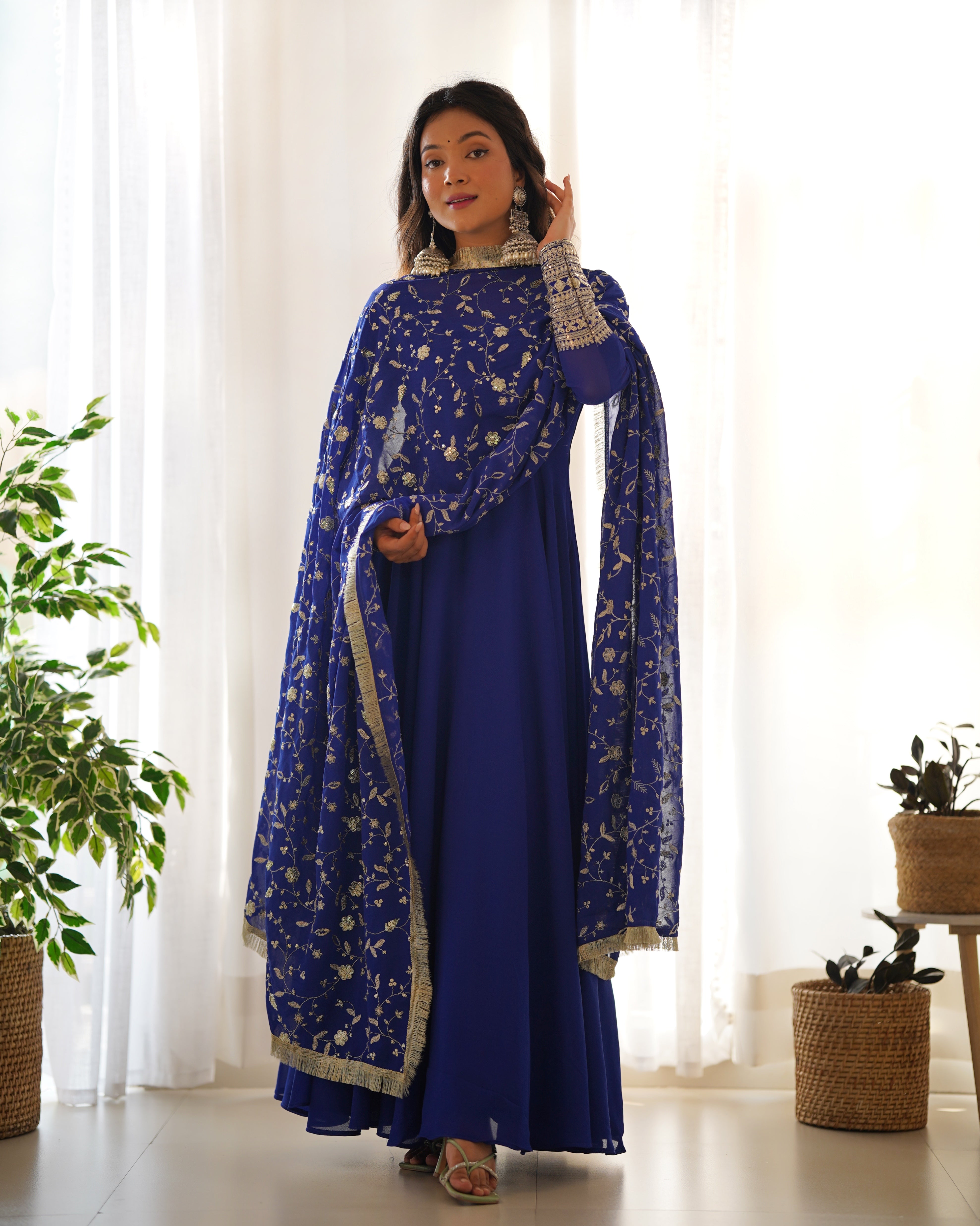 Women's Soft Fox Georgette Anarkali Gown Pant Dupatta Set with Sequence and Zari Work