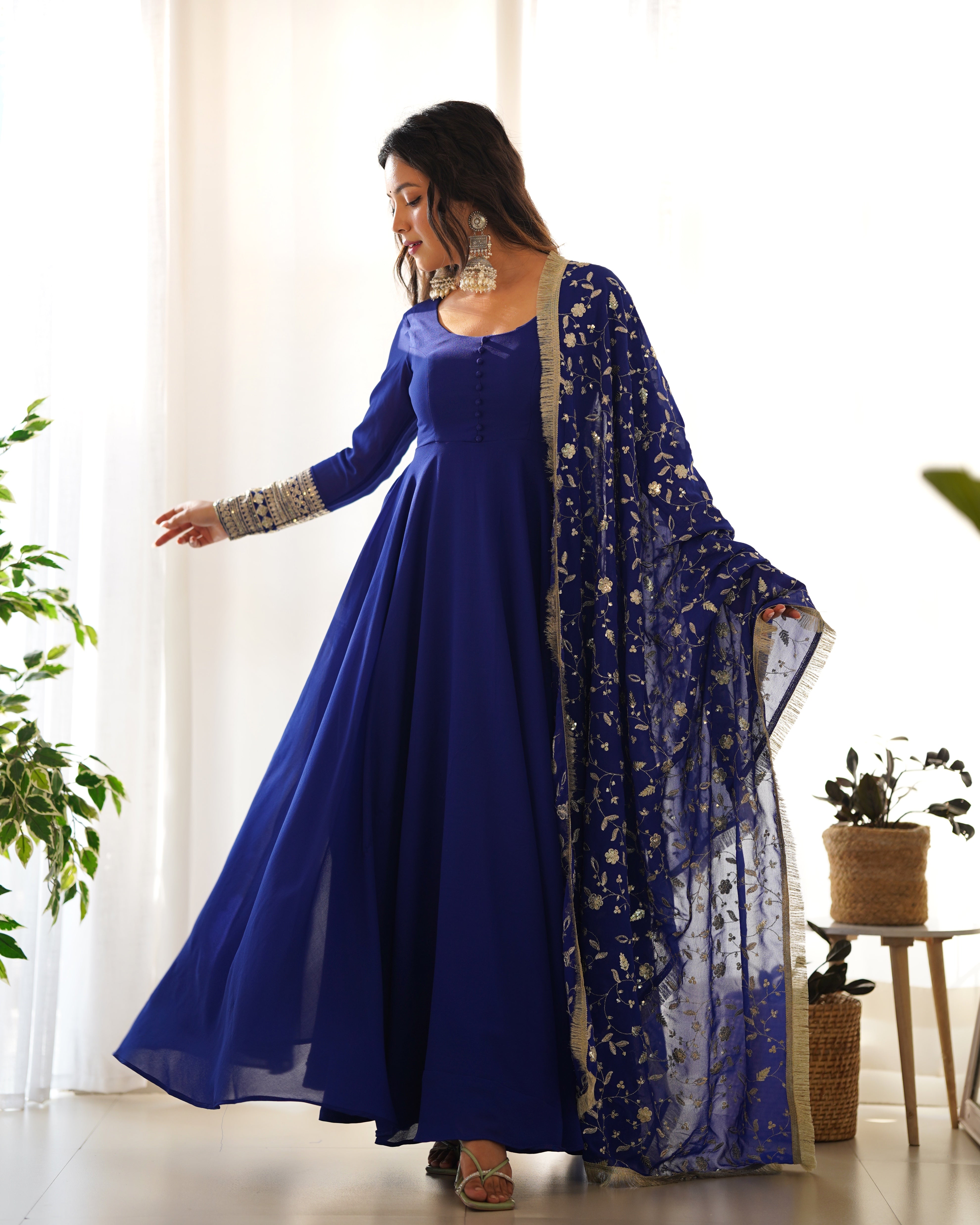 Women's Soft Fox Georgette Anarkali Gown Pant Dupatta Set with Sequence and Zari Work