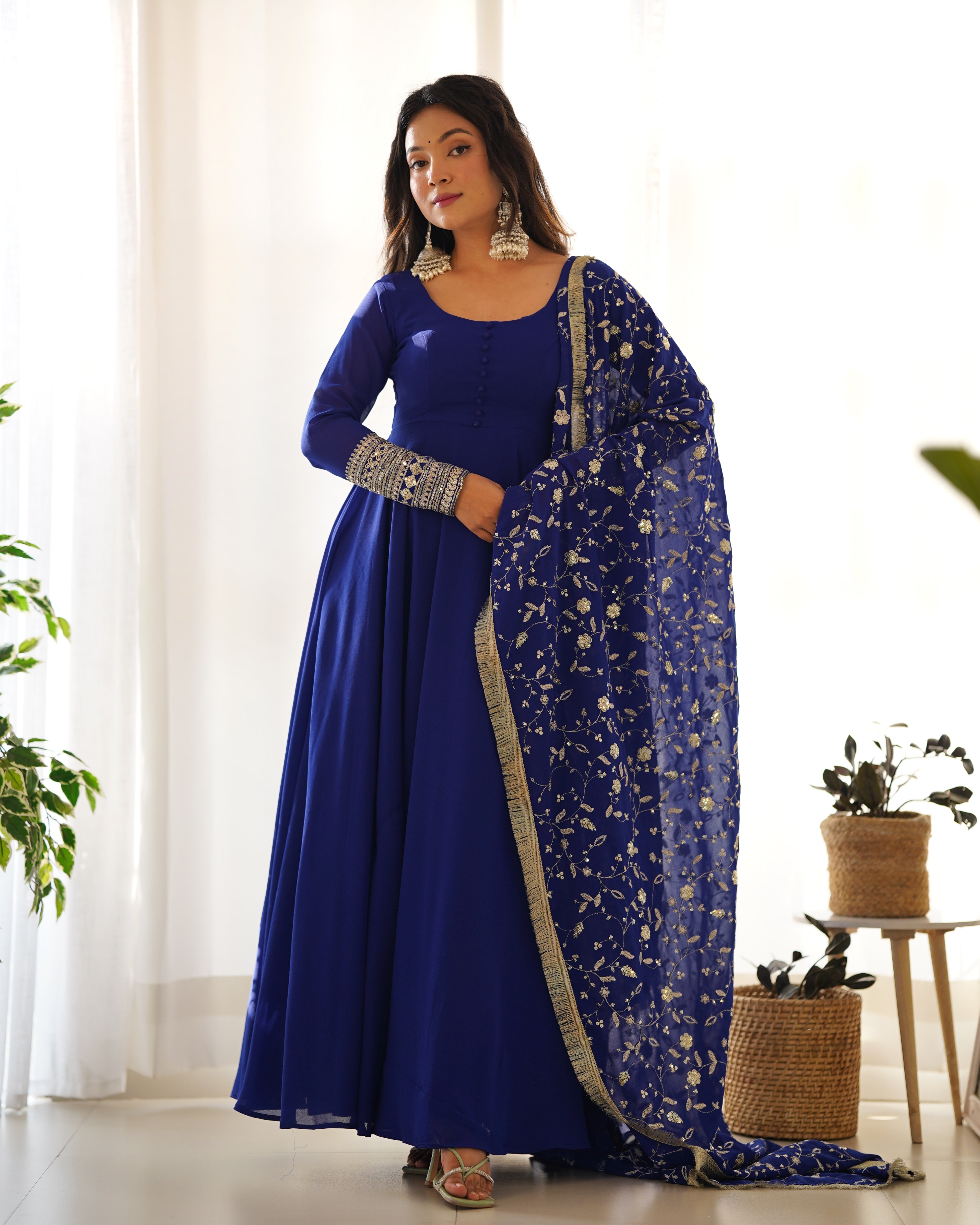 Women's Soft Fox Georgette Anarkali Gown Pant Dupatta Set with Sequence and Zari Work