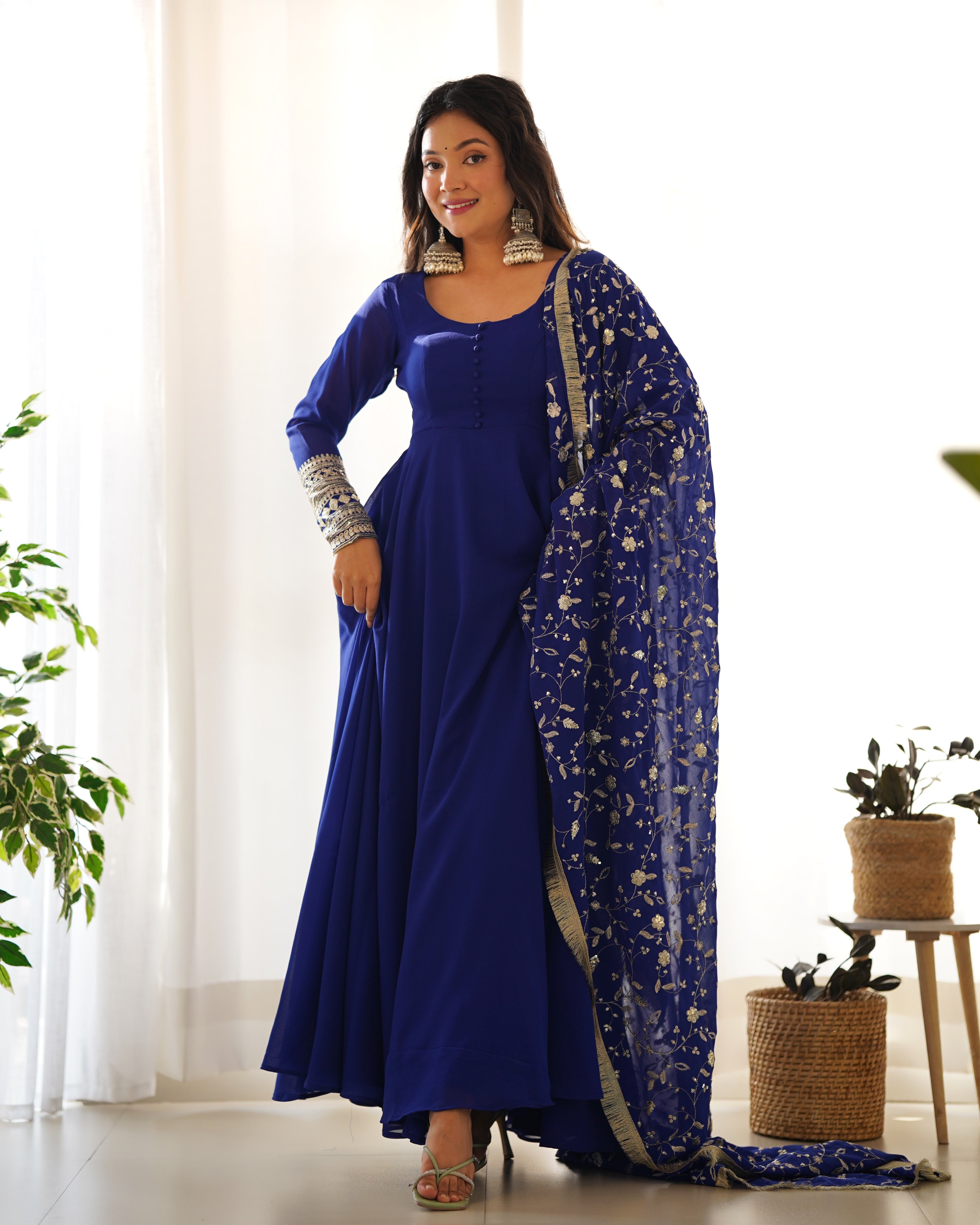 Women's Soft Fox Georgette Anarkali Gown Pant Dupatta Set with Sequence and Zari Work