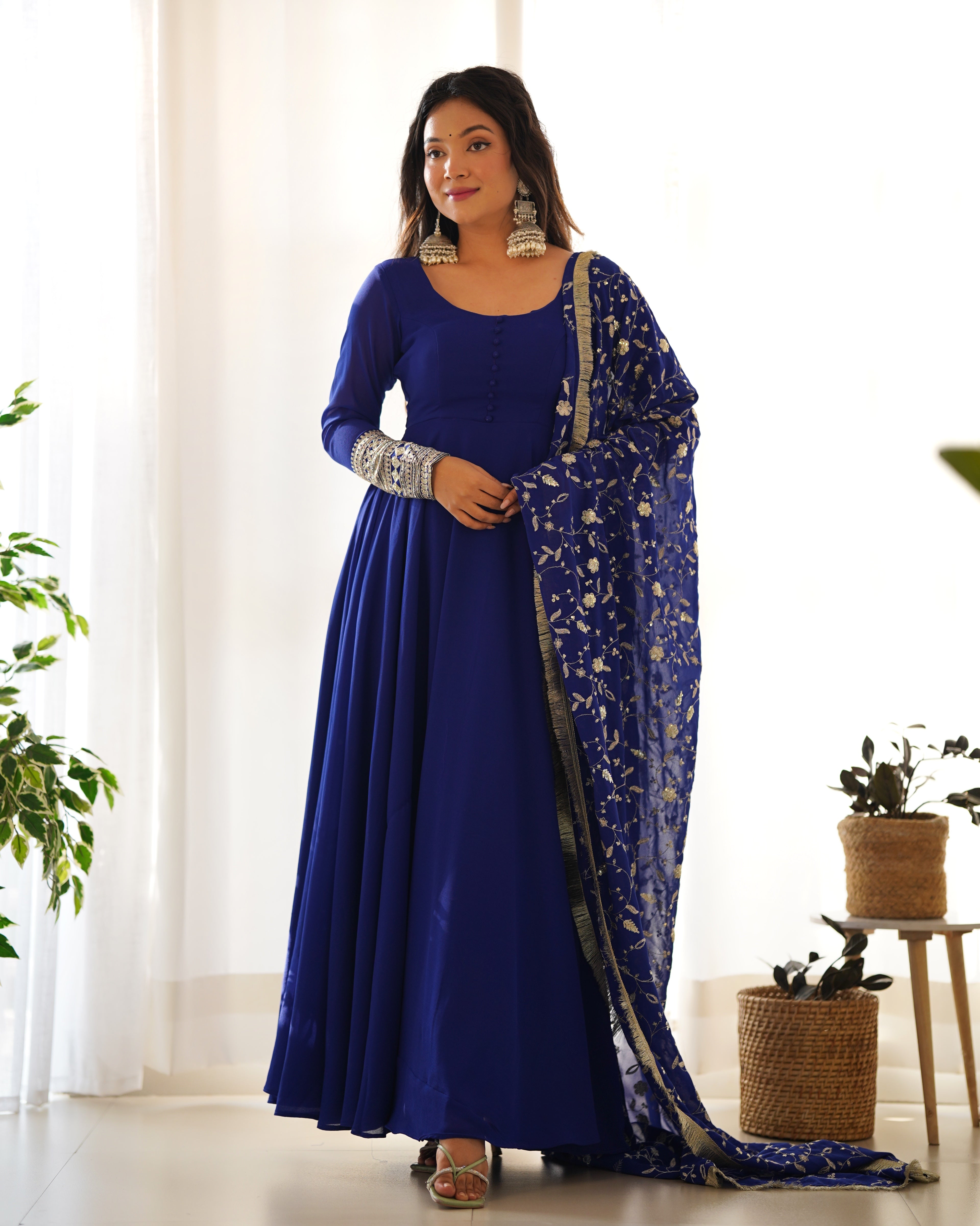Women's Soft Fox Georgette Anarkali Gown Pant Dupatta Set with Sequence and Zari Work