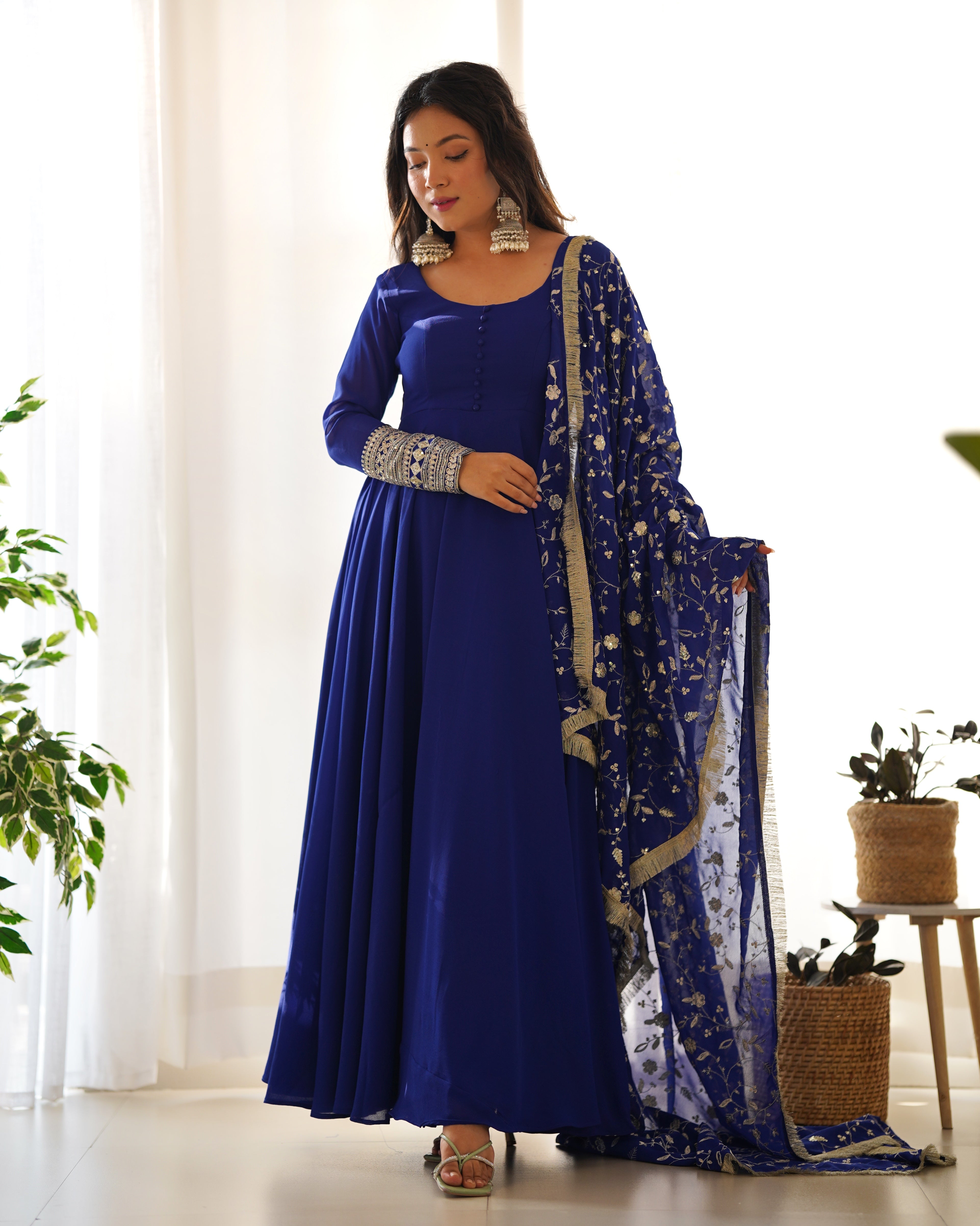 Women's Soft Fox Georgette Anarkali Gown Pant Dupatta Set with Sequence and Zari Work