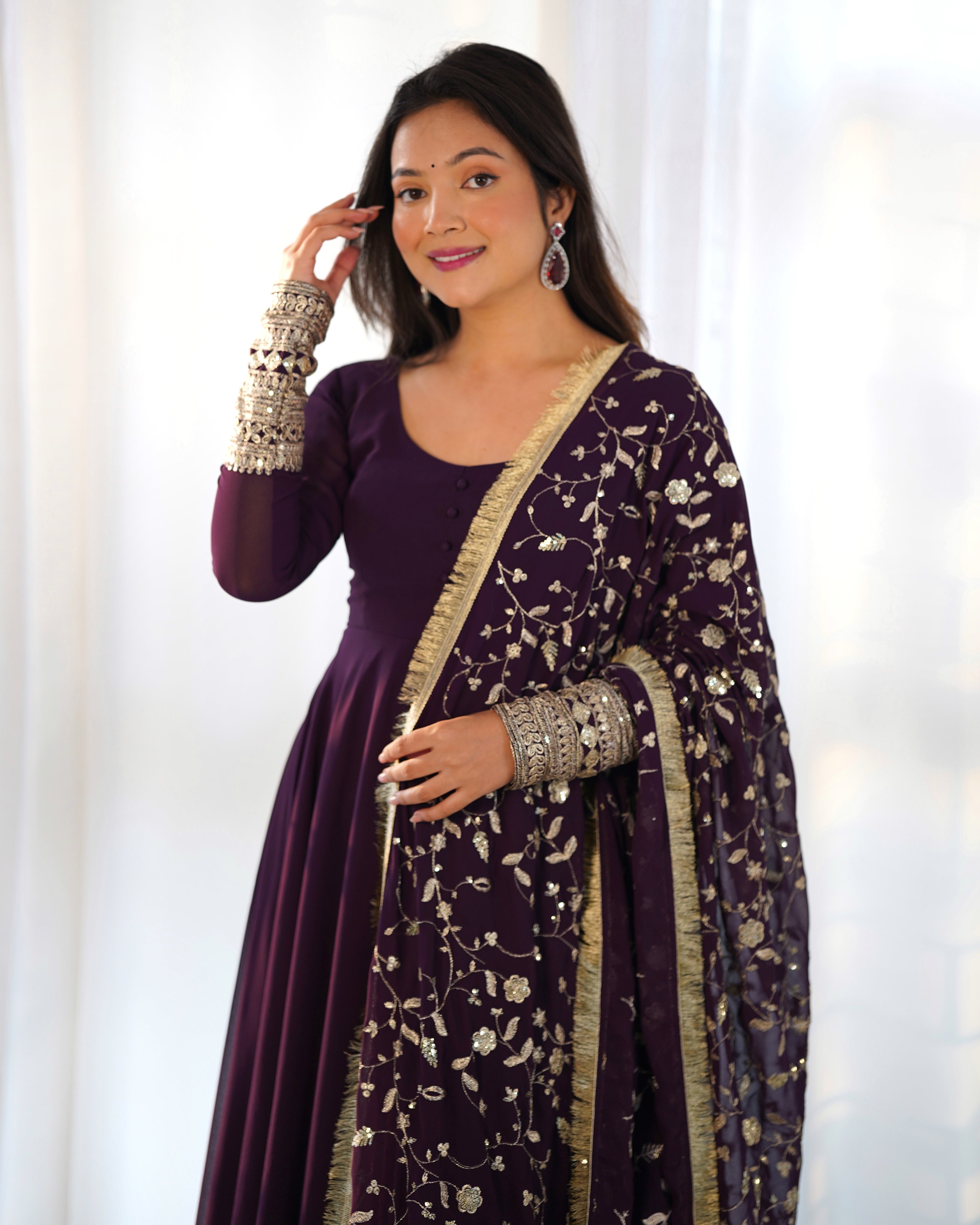 Women's Soft Fox Georgette Anarkali Gown Pant Dupatta Set with Sequence and Zari Work
