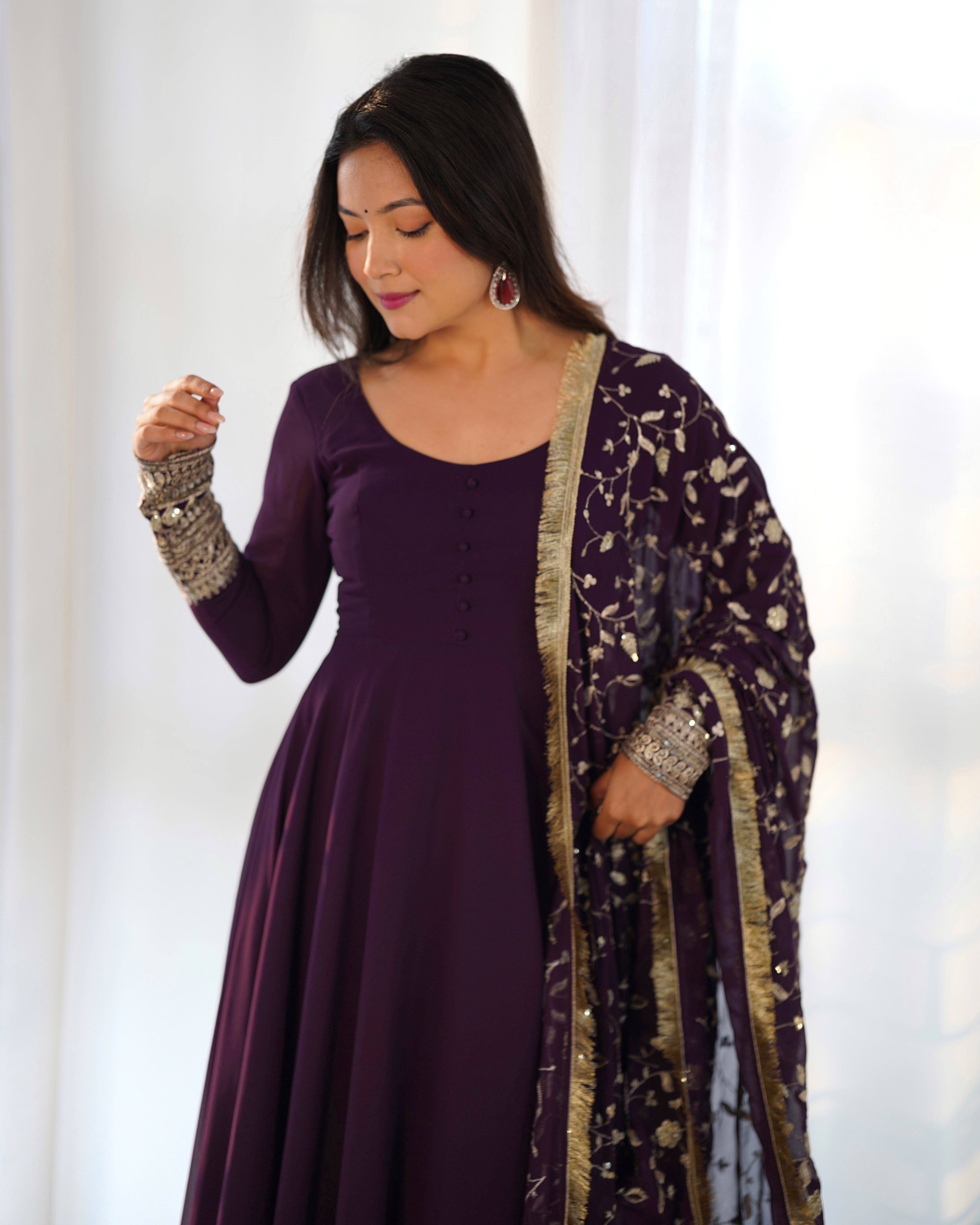Women's Soft Fox Georgette Anarkali Gown Pant Dupatta Set with Sequence and Zari Work