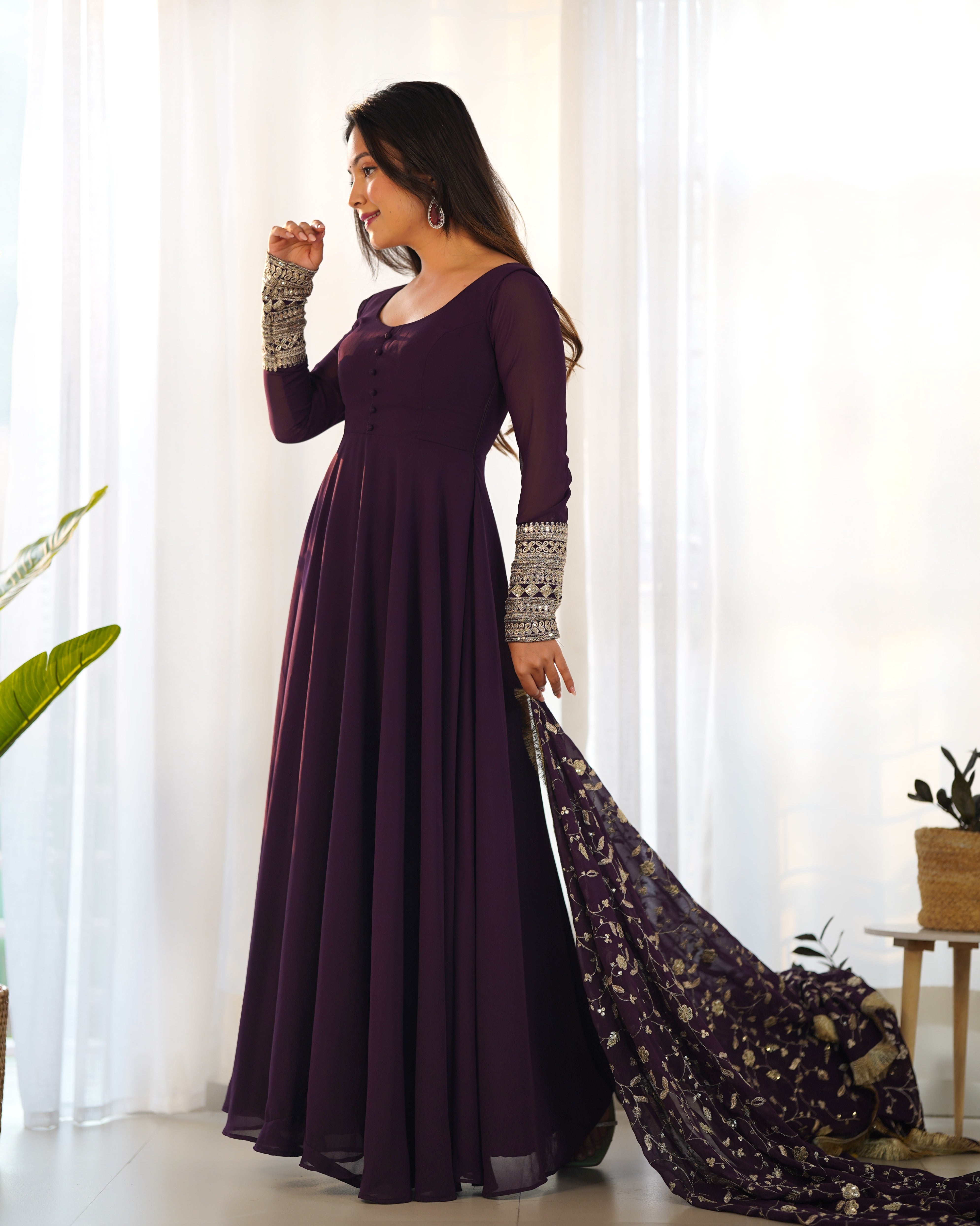 Women's Soft Fox Georgette Anarkali Gown Pant Dupatta Set with Sequence and Zari Work