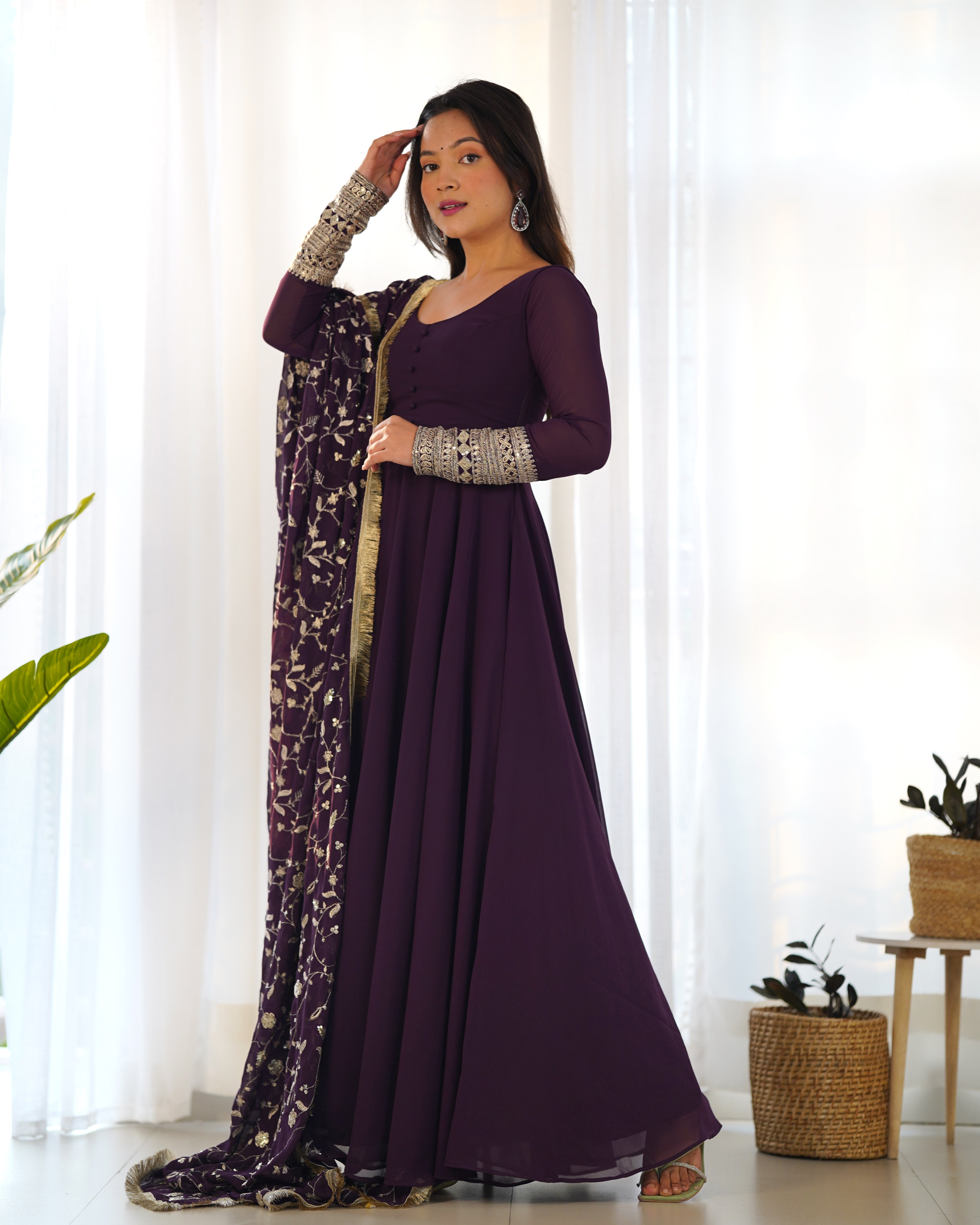 Women's Soft Fox Georgette Anarkali Gown Pant Dupatta Set with Sequence and Zari Work
