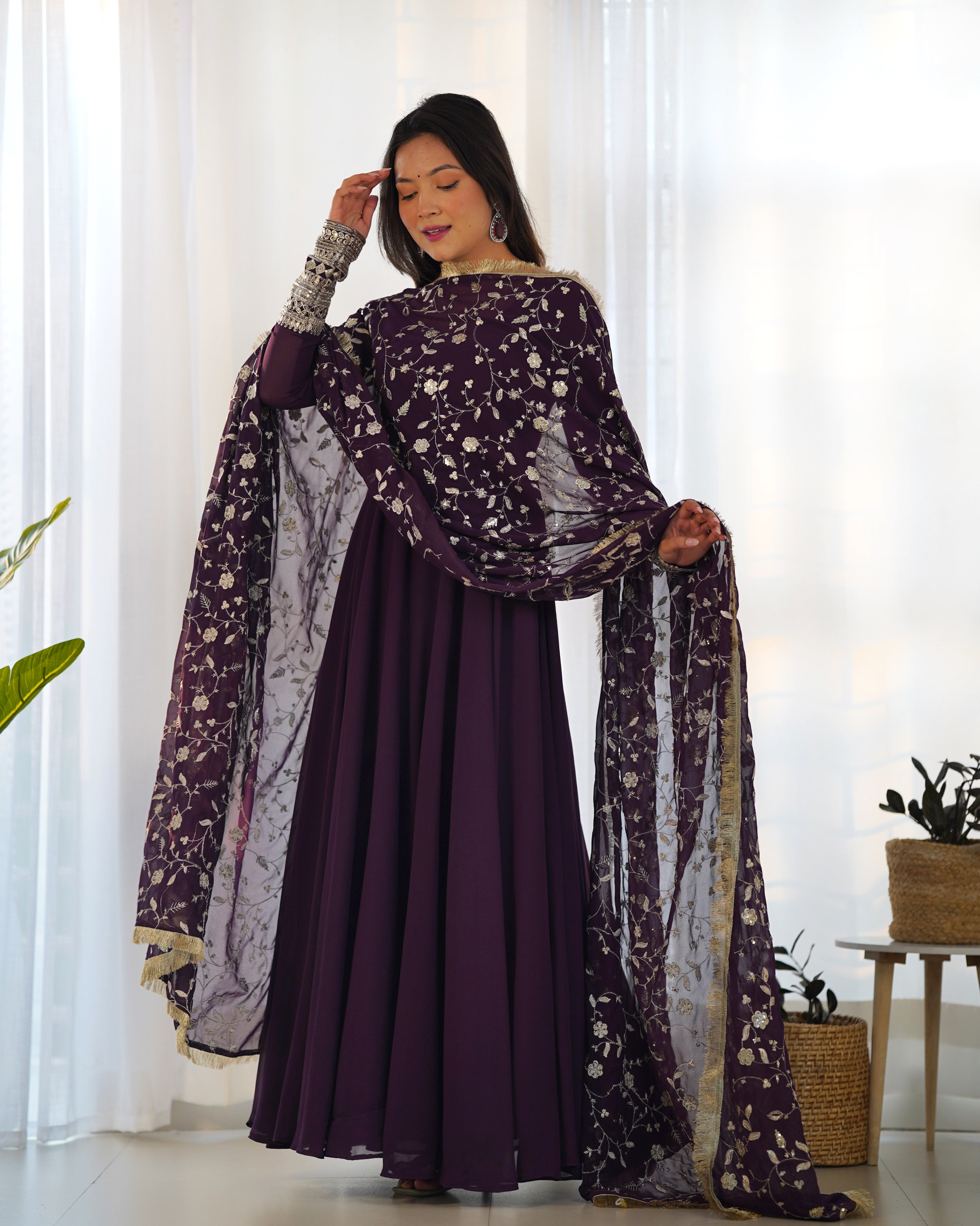 Women's Soft Fox Georgette Anarkali Gown Pant Dupatta Set with Sequence and Zari Work