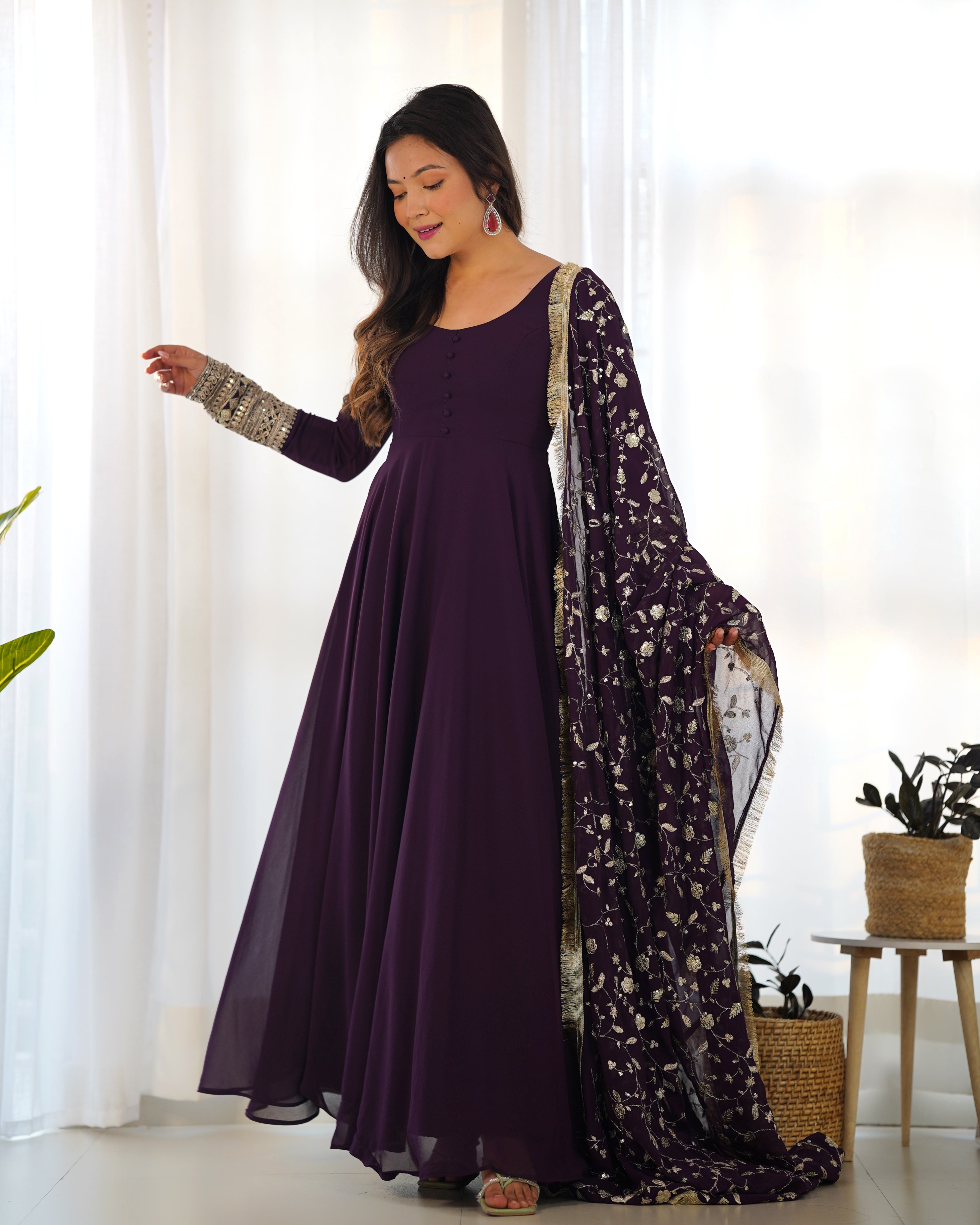 Women's Soft Fox Georgette Anarkali Gown Pant Dupatta Set with Sequence and Zari Work